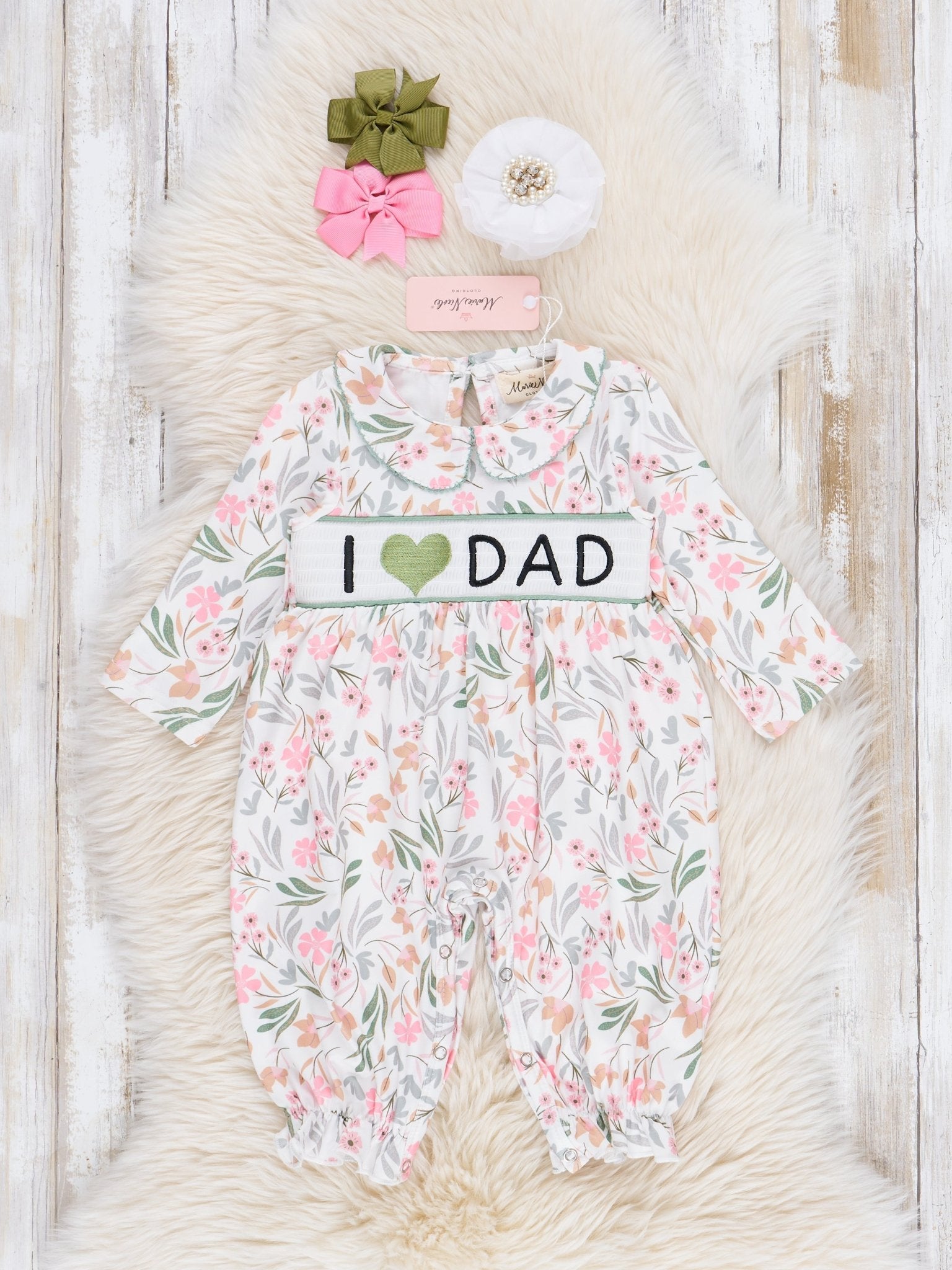 Sweet Olive Floral Smocked Dad Love Ruffle Romper - Marie Nicole Clothing