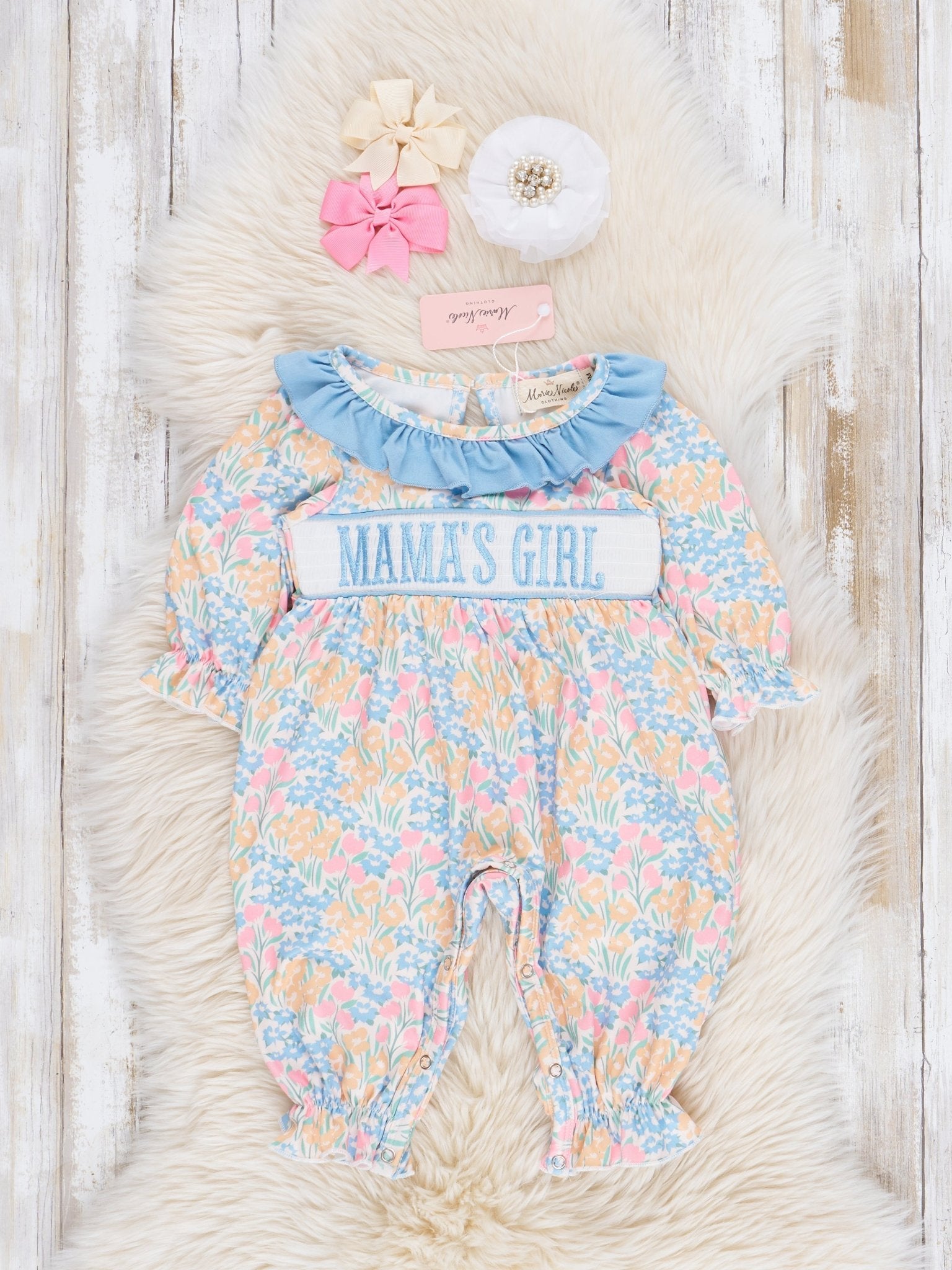 Blue & Yellow Smocked "Mama's Girl" Ruffle Romper - Marie Nicole Clothing