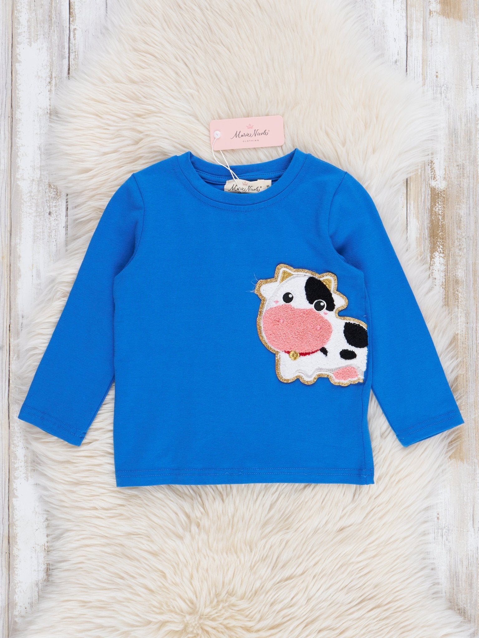 Blue Chenille Cow Shirt - Marie Nicole Clothing