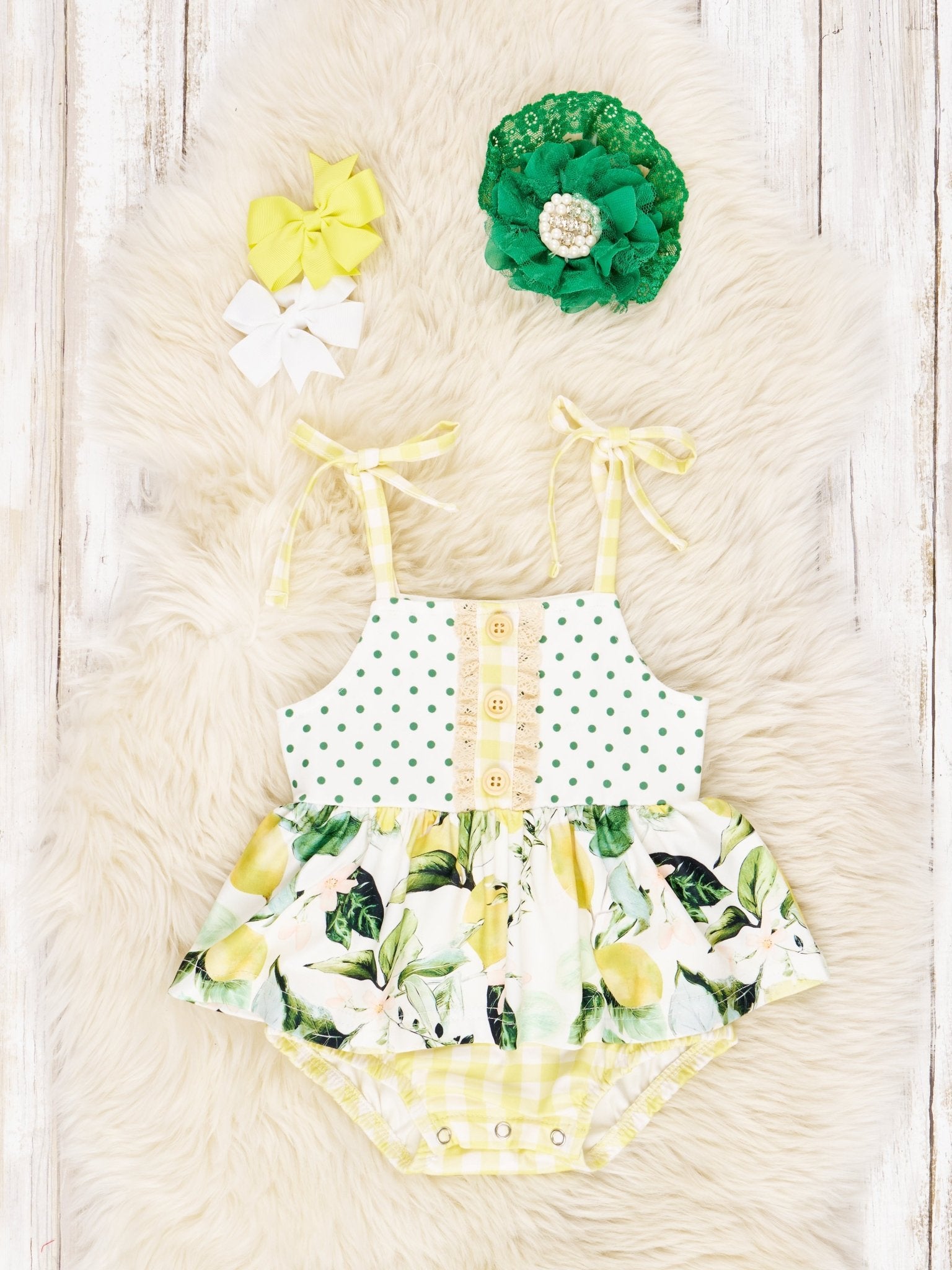 Lemon Gingham Ruffle Tie Bubble Romper - Marie Nicole Clothing
