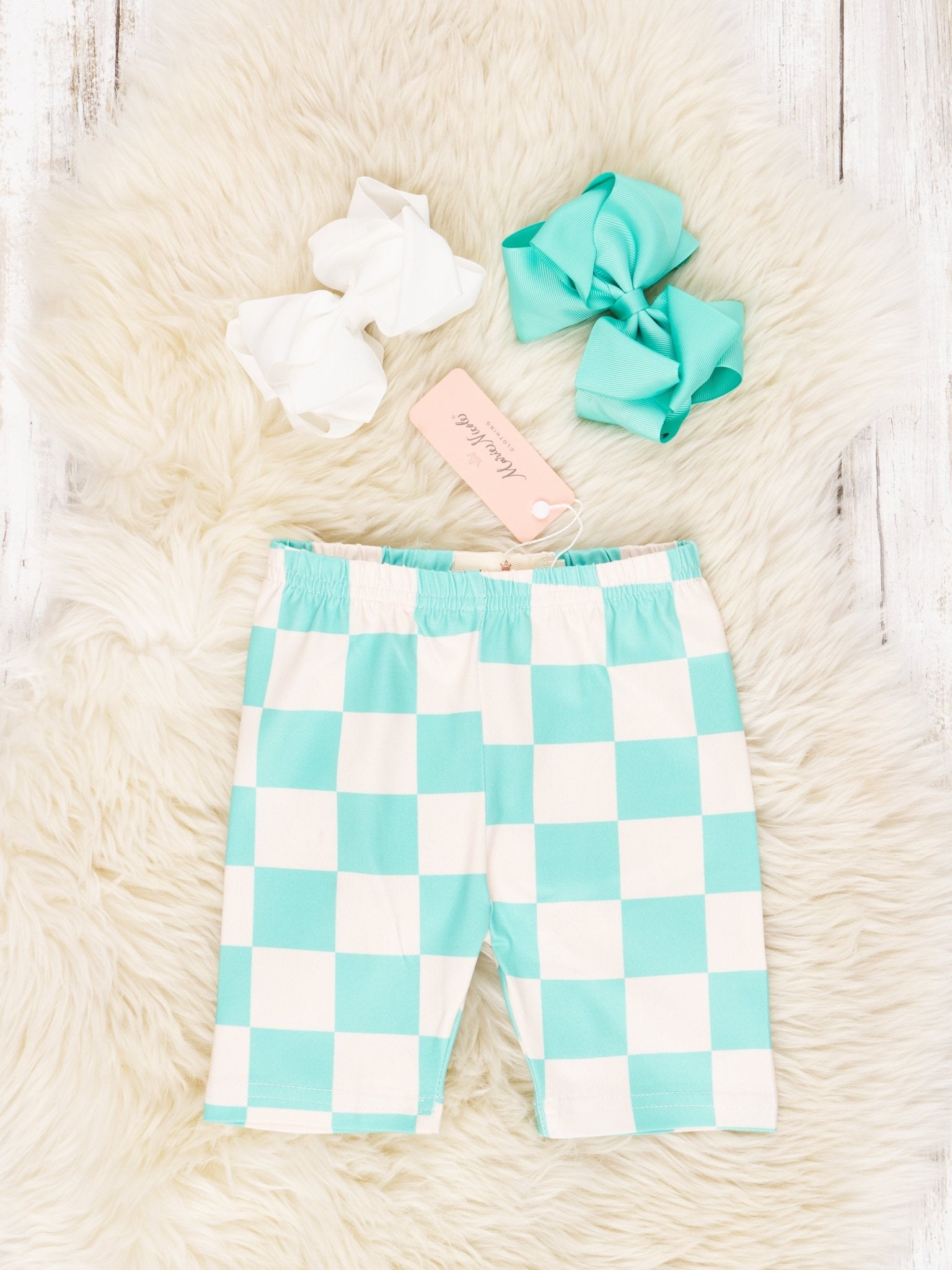 Aqua Check Long Biker Shorts - Marie Nicole Clothing