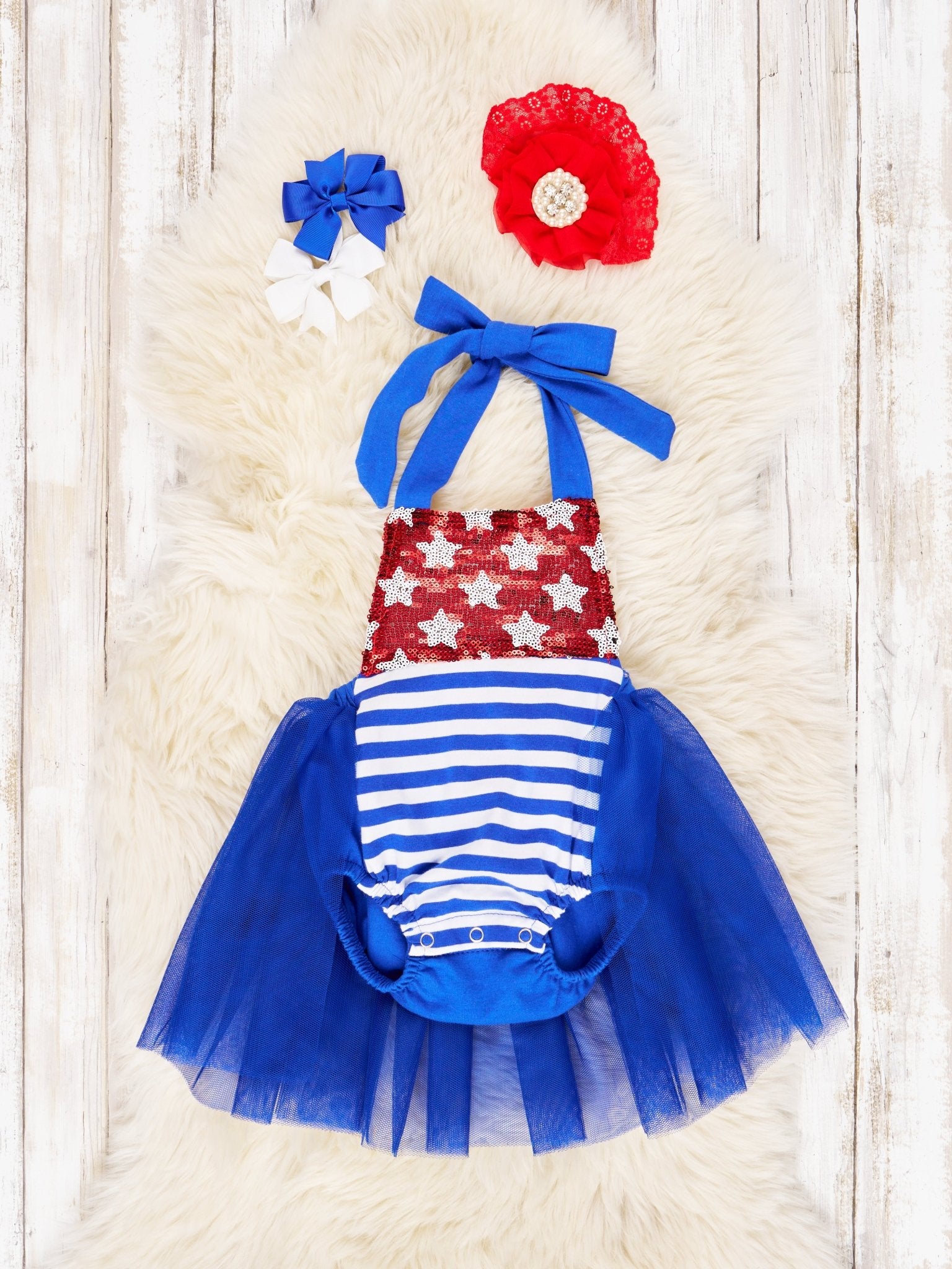 Stars & Stripes Sequin Blue Tulle Bubble Romper - Marie Nicole Clothing