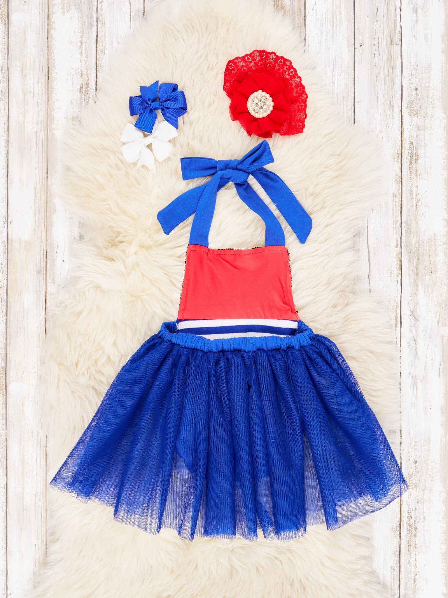 Stars & Stripes Sequin Blue Tulle Bubble Romper - Marie Nicole Clothing