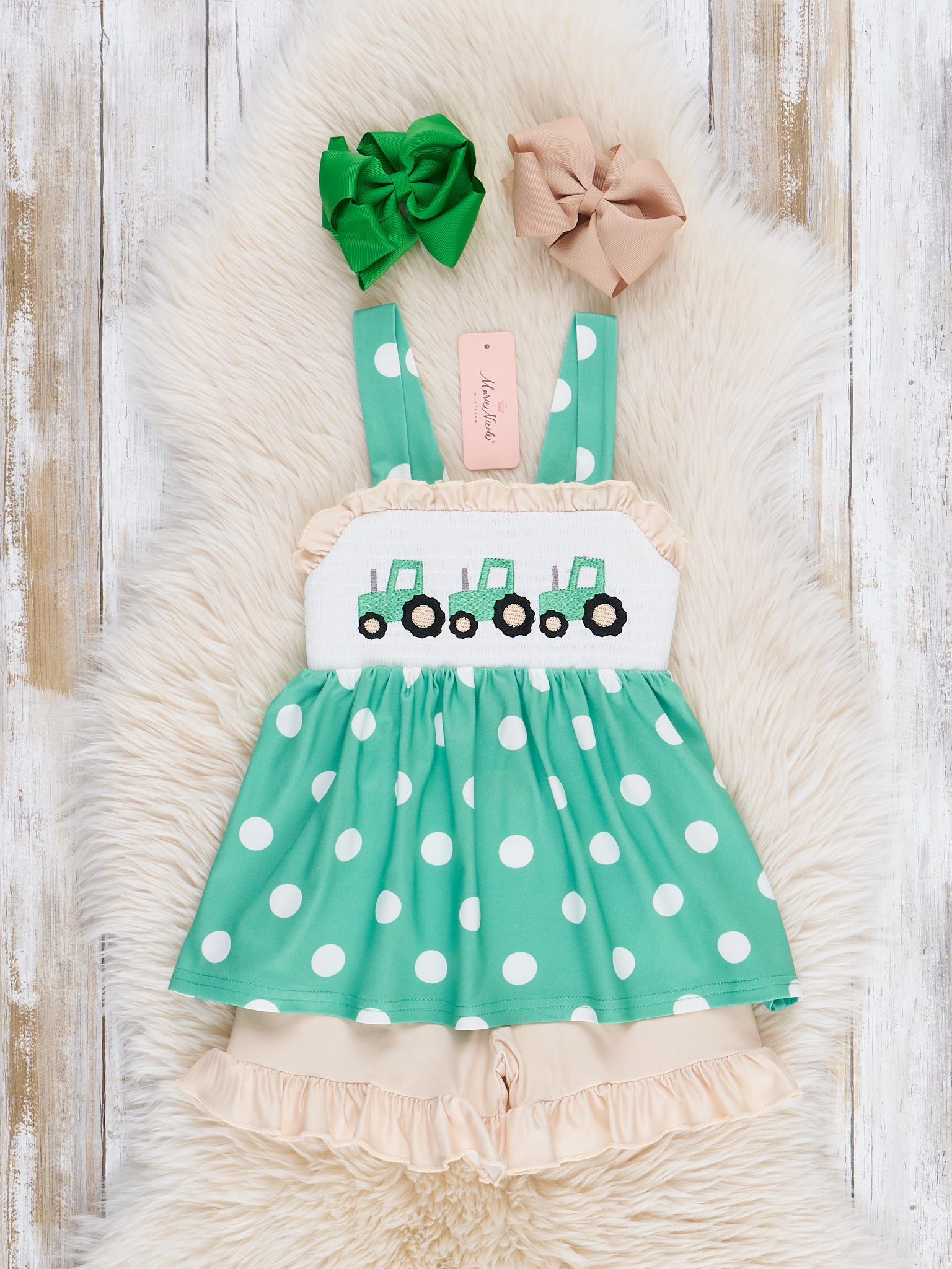 Polka Dot Tractor Smocked Outfit - Marie Nicole Clothing