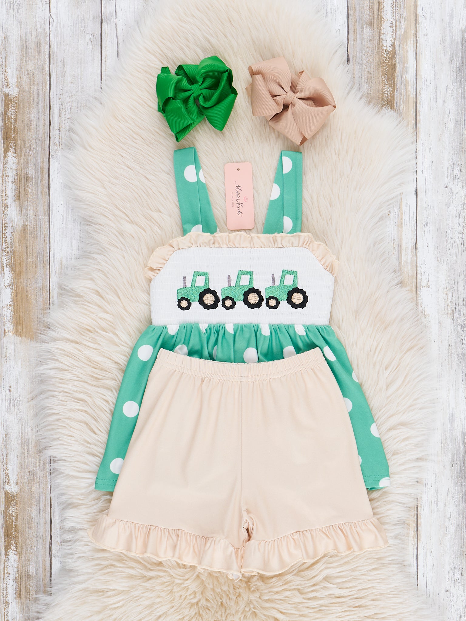 Polka Dot Tractor Smocked Outfit - Marie Nicole Clothing