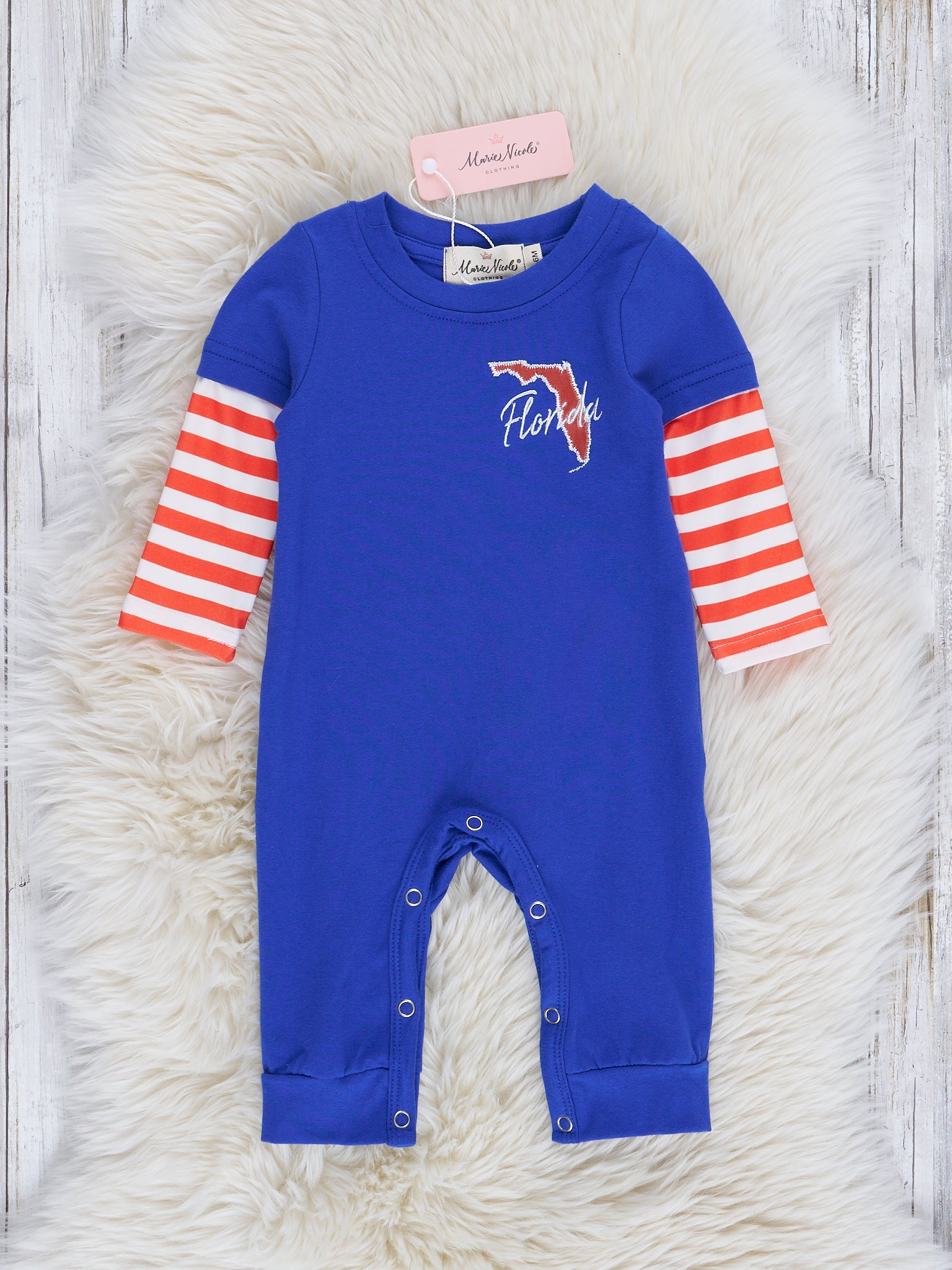 FL Blue Stripe Raglan Romper - Marie Nicole Clothing