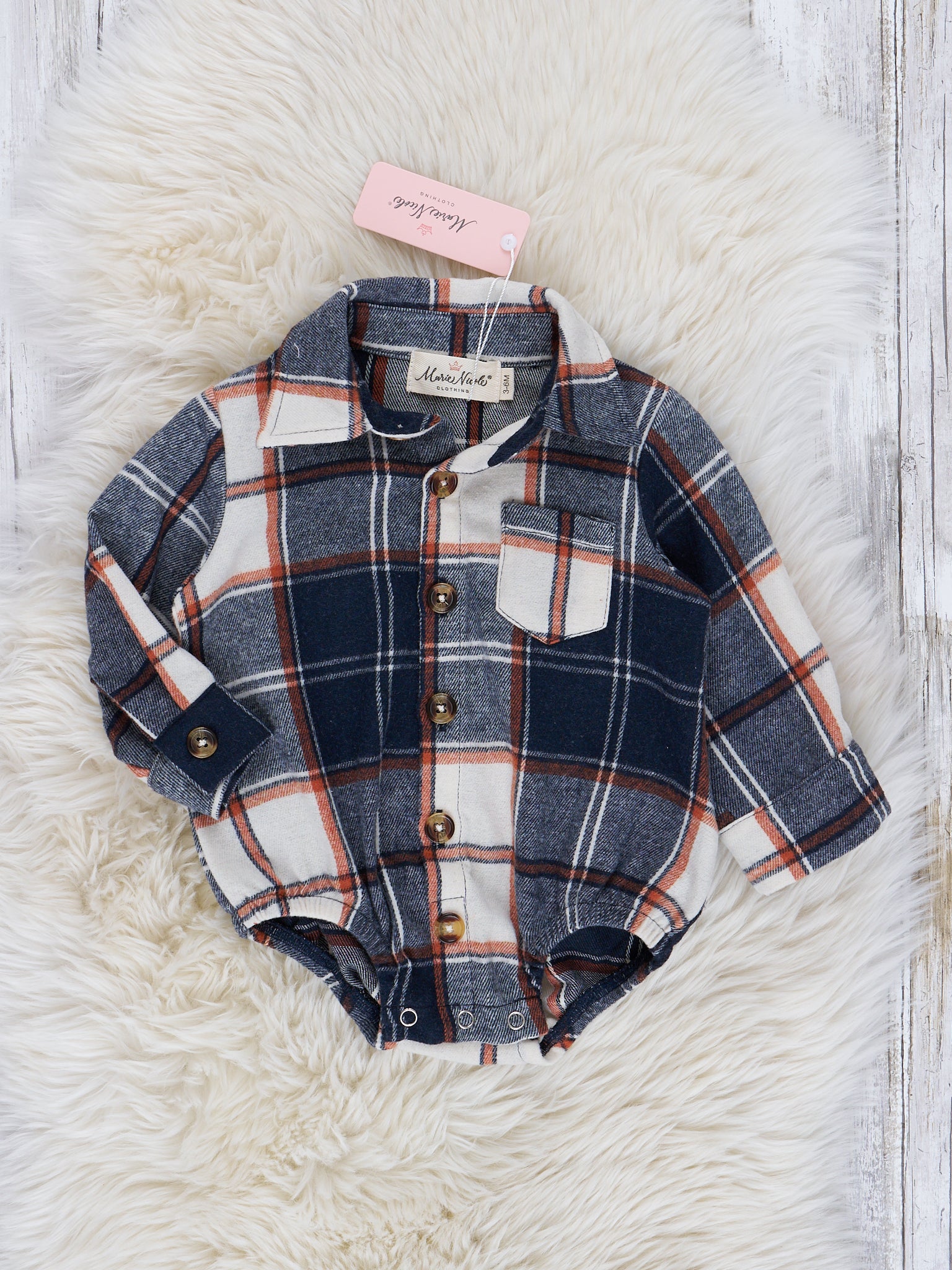 Burnt-Orange Navy Plaid Flannel Button-Up