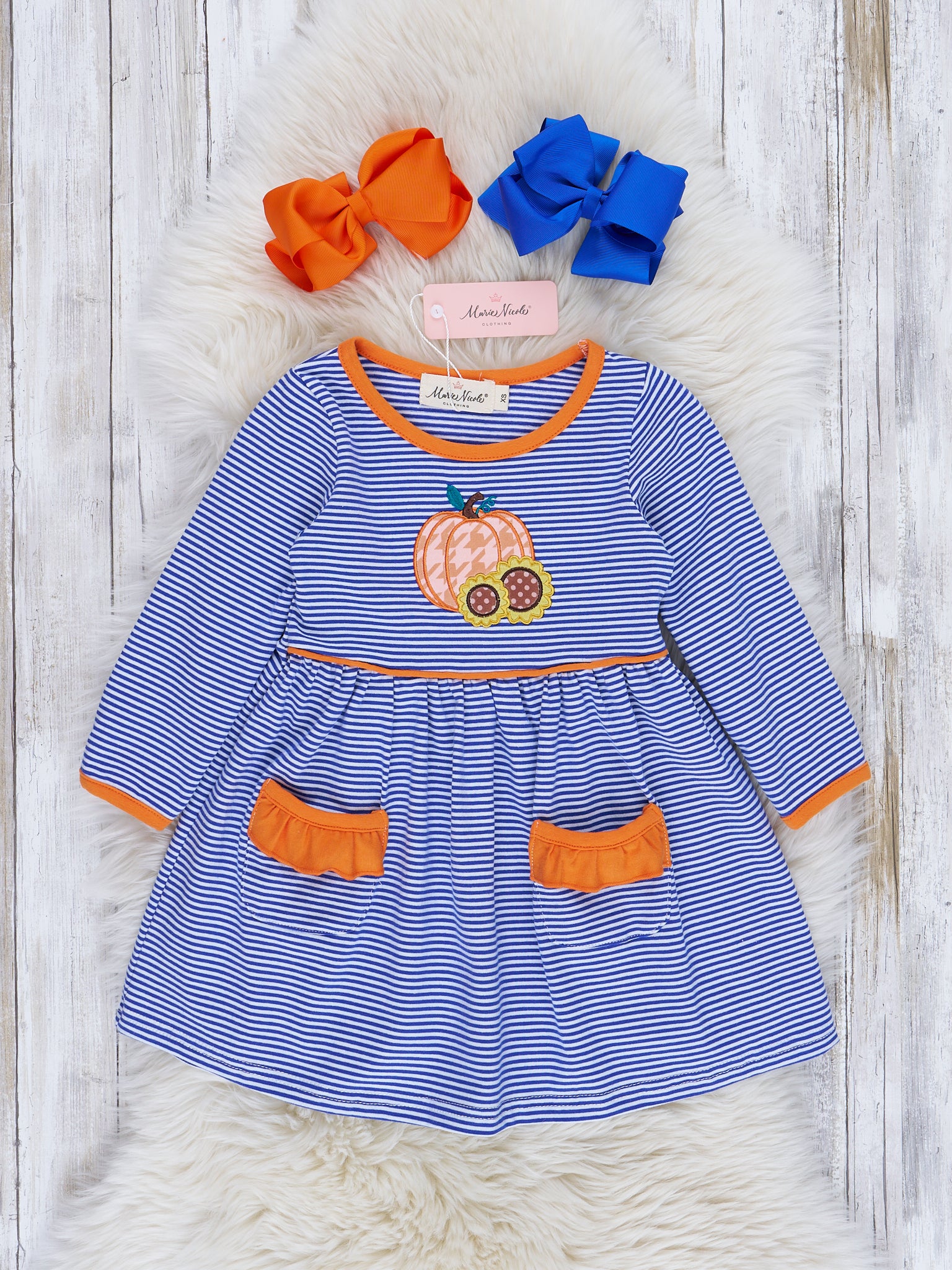 Orange & Navy Stripes Embroidered Pumpkin Dress Orange & Navy Stripes Embroidered Pumpkin Dress