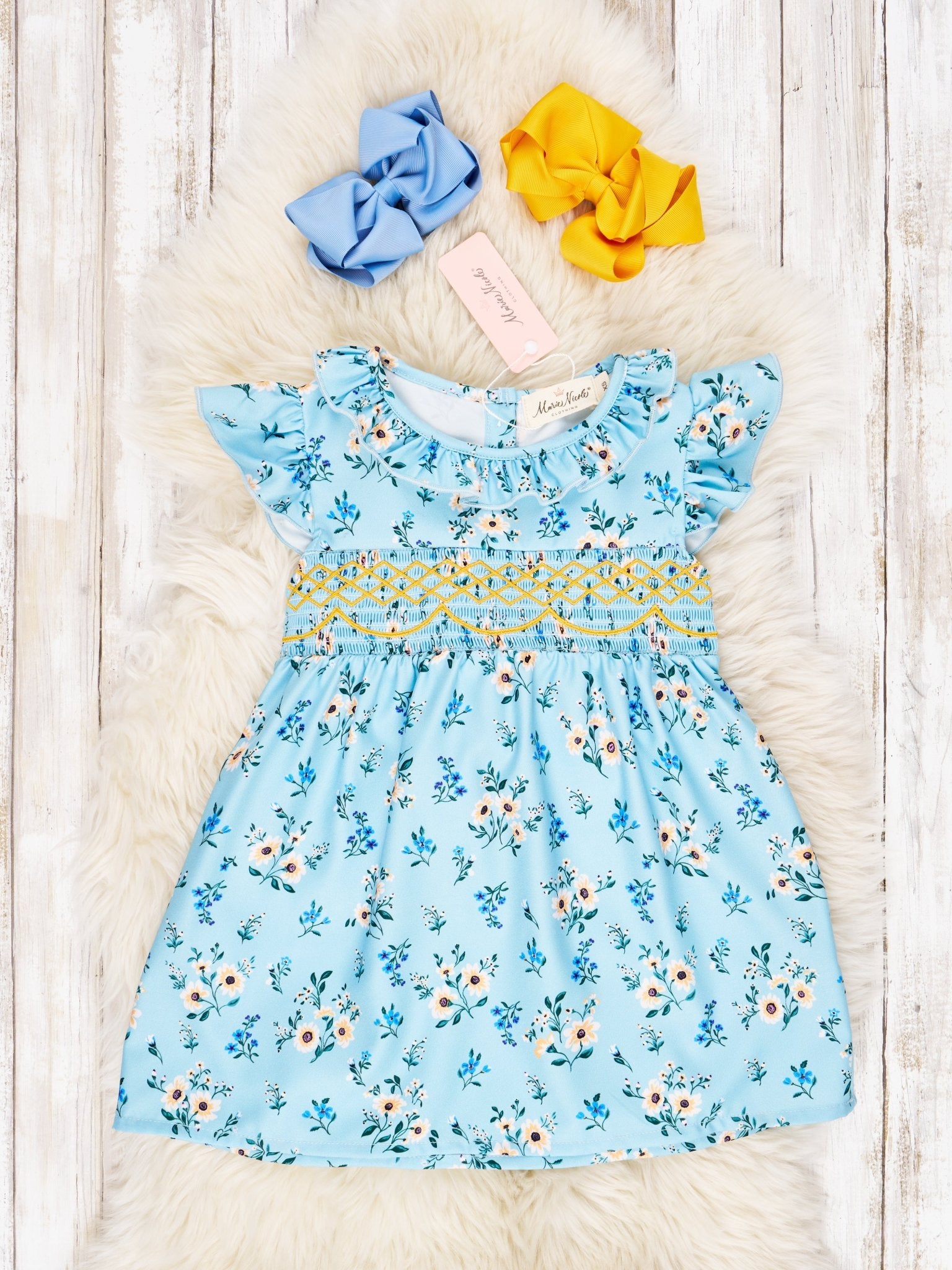 Smocked Cornflower Ruffle Tie Dress - Marie Nicole Clothing