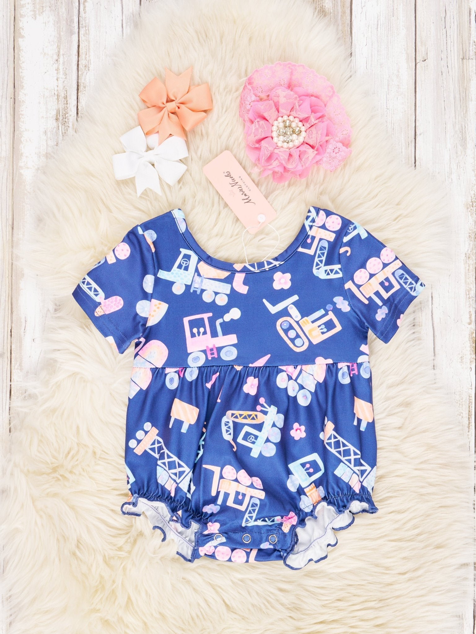 Navy Excavator Ruffle Bubble Romper - Marie Nicole Clothing