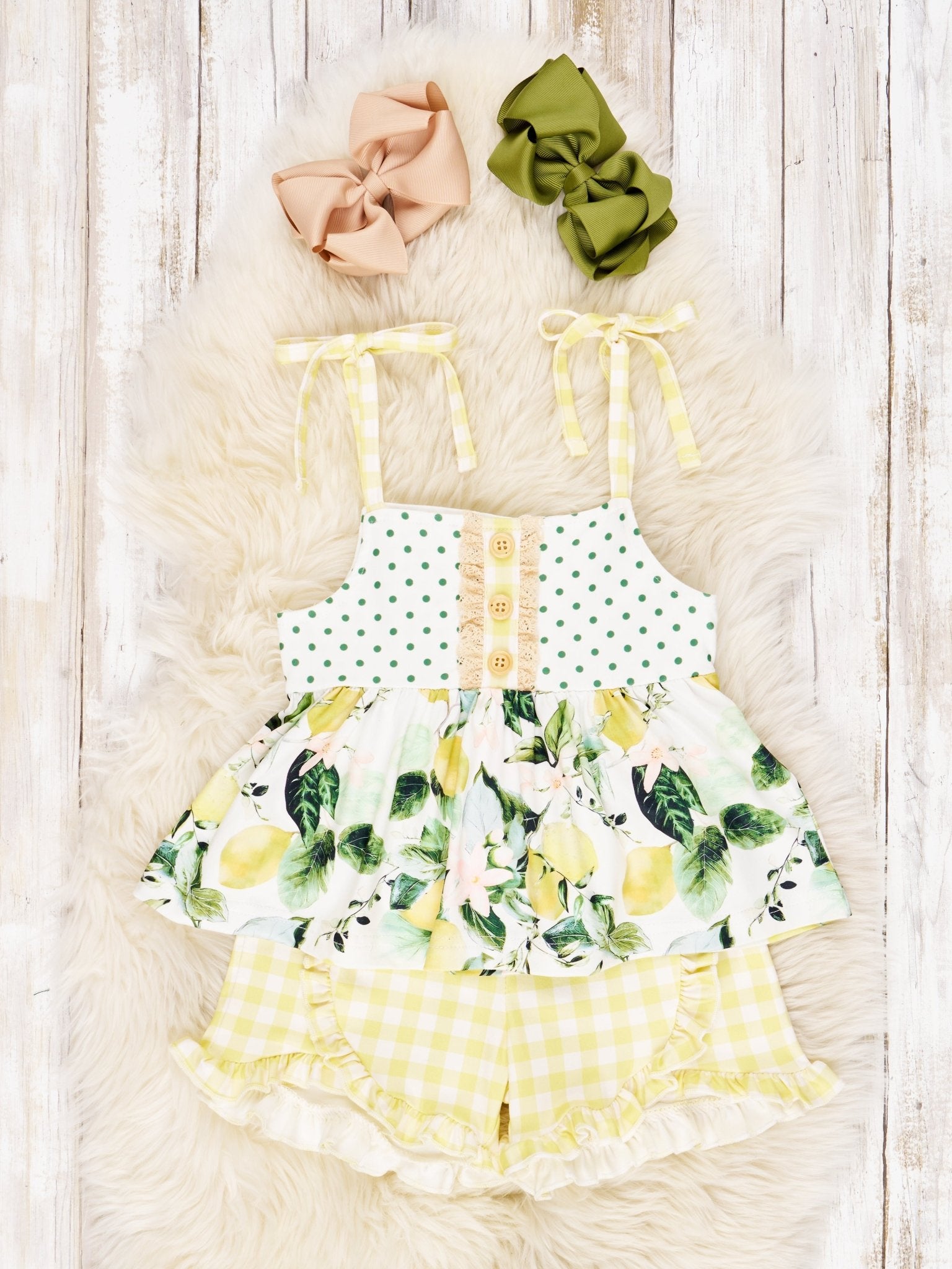Lemon Gingham Ruffle Tie Outfit - Marie Nicole Clothing