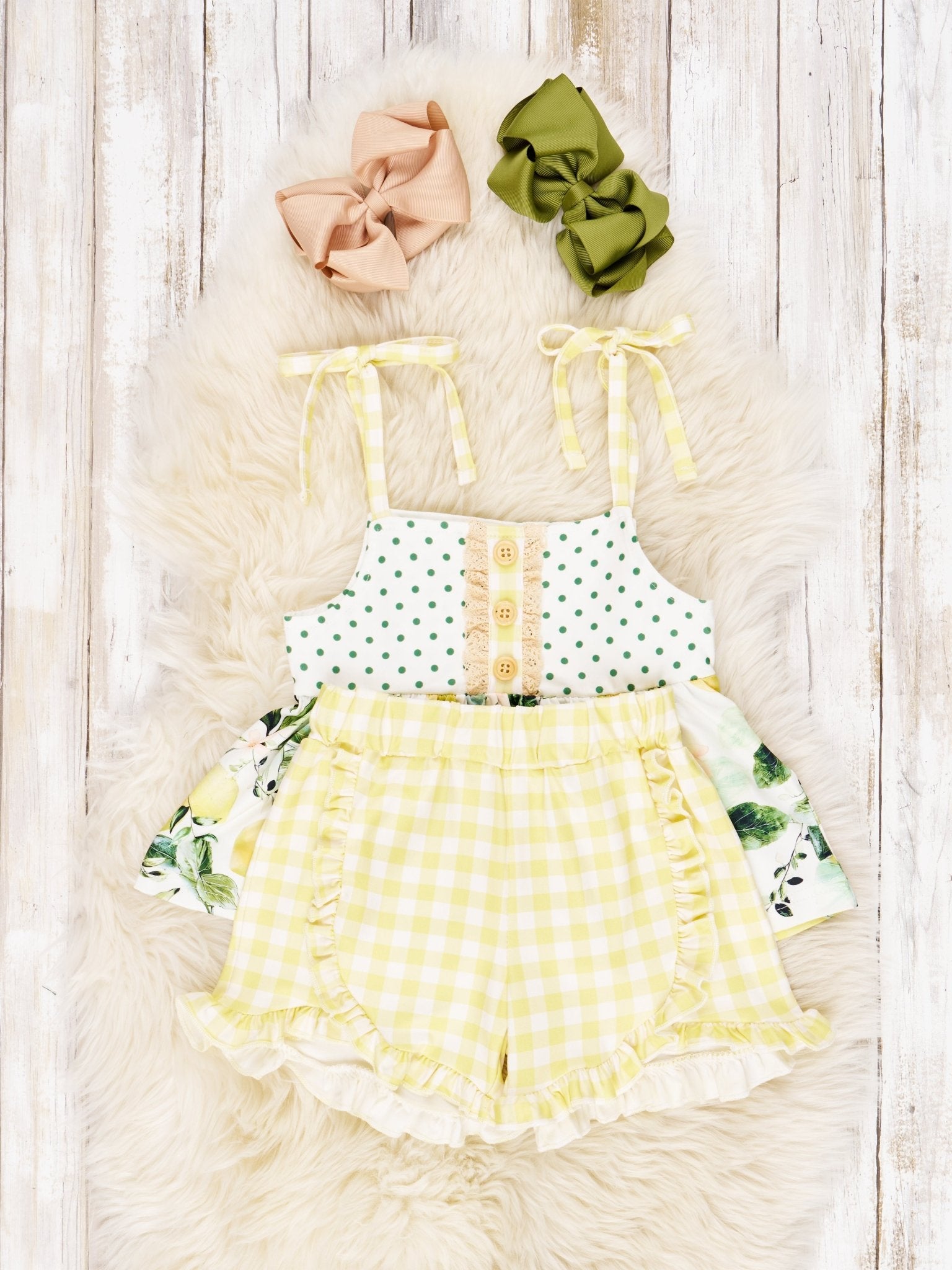 Lemon Gingham Ruffle Tie Outfit - Marie Nicole Clothing