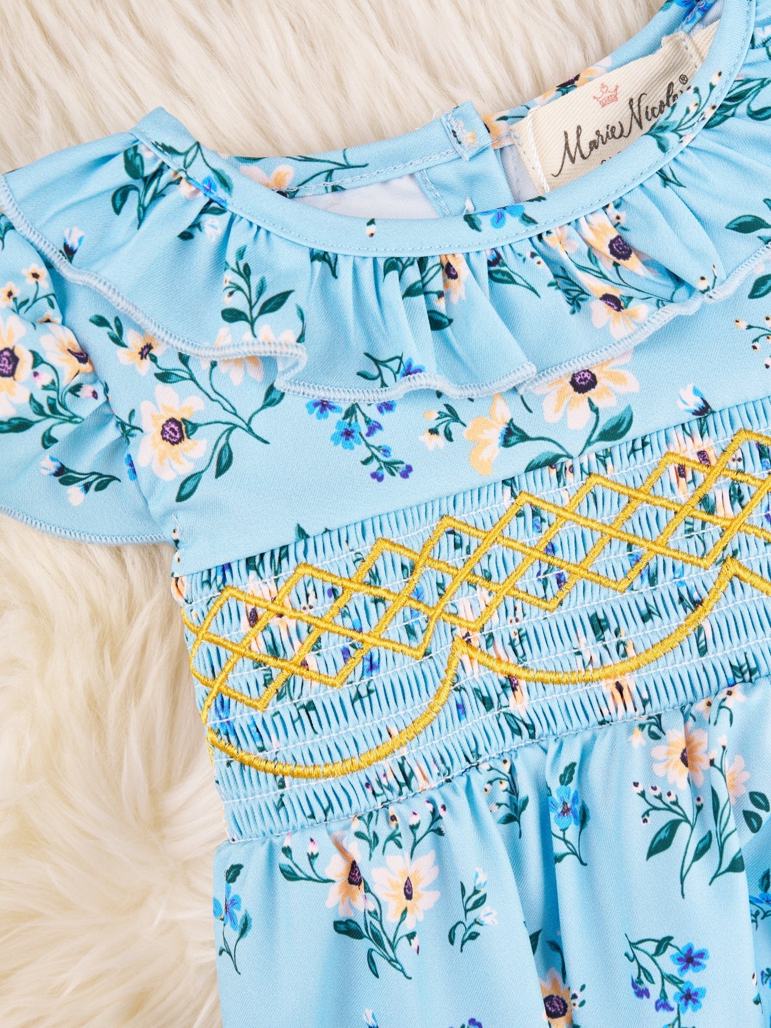 Smocked Cornflower Ruffle Tie Bubble Romper - Marie Nicole Clothing