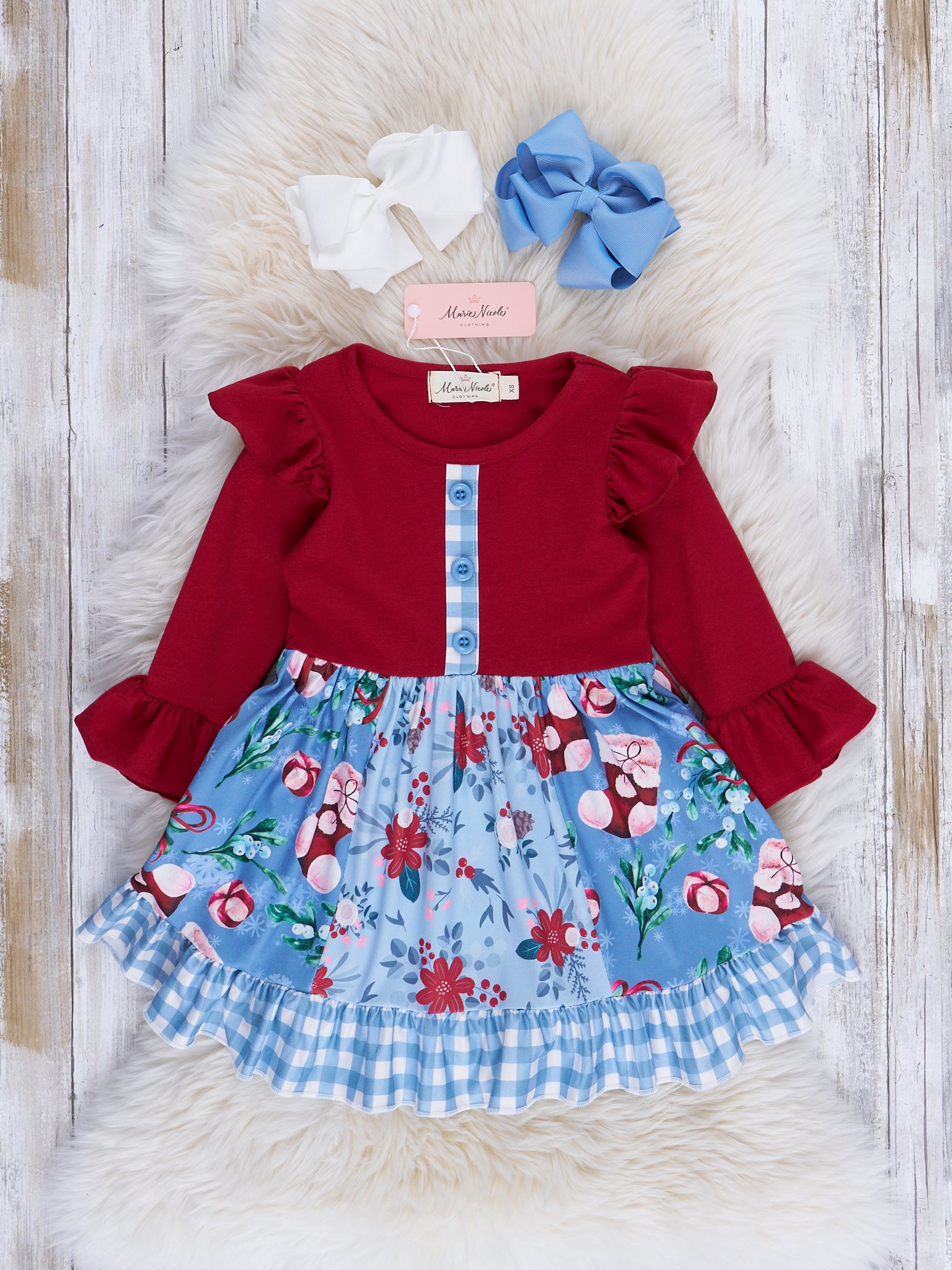Crimson & Light Blue Mixed Print Ruffle Dress