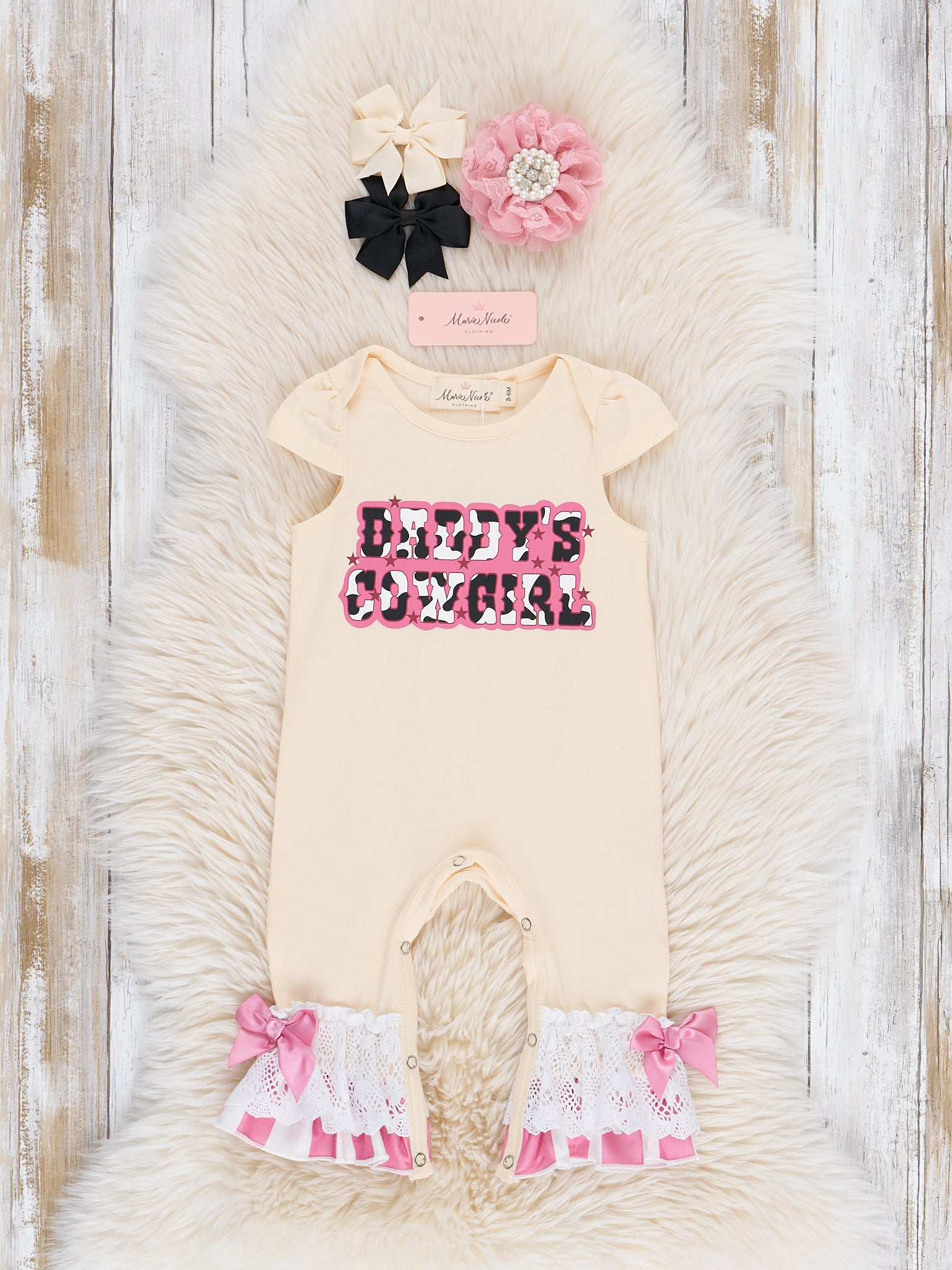 Cow Print Daddy's Girl Ruffle Romper - Marie Nicole Clothing