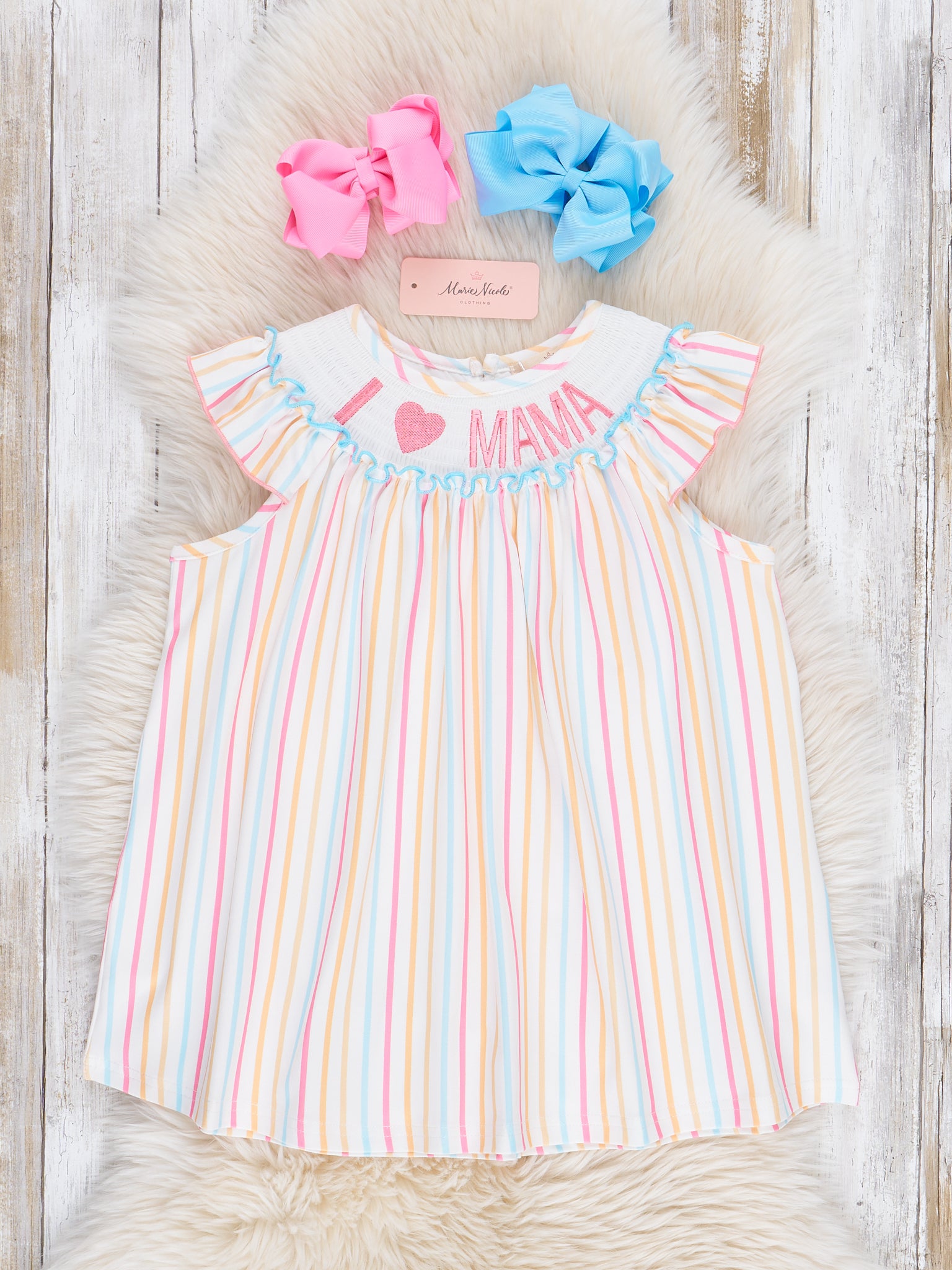 mom and me smocked dresses Mommy Vacay Ready Top Dress Adult Size, SMALL 6 Months. Striped "I Love Mama" Smocked