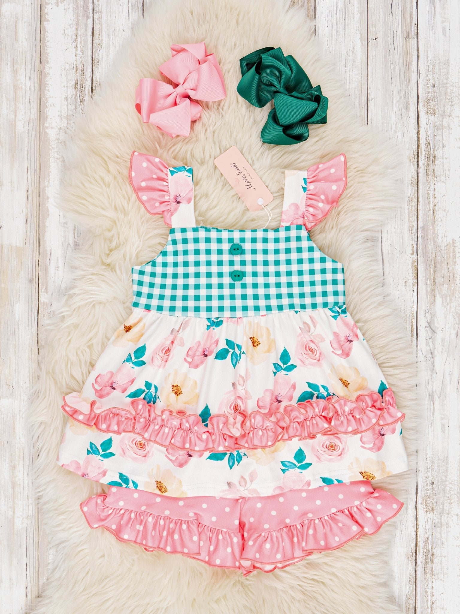 Gingham Floral Flutter Sleeve Outfit - Marie Nicole Clothing