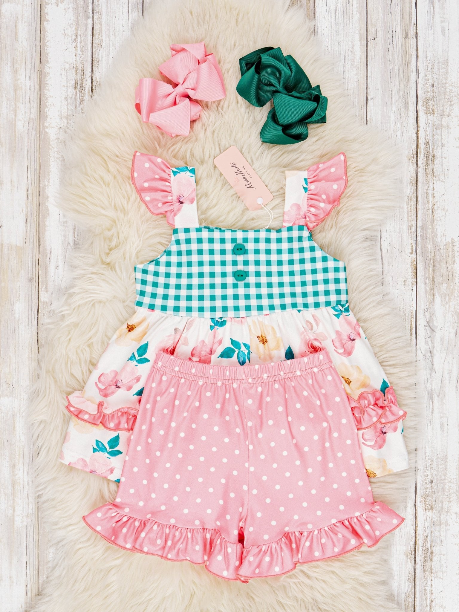 Gingham Floral Flutter Sleeve Outfit - Marie Nicole Clothing