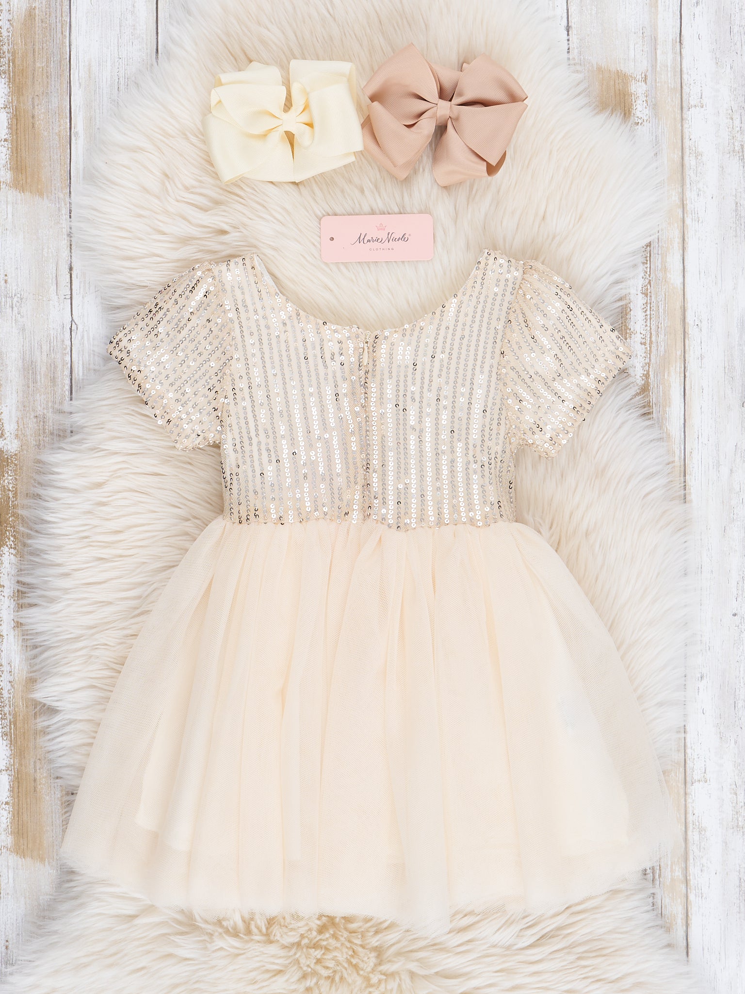 Toddler Girl Special Occasion Dress Champagne Tulle Sequin Bow Dress Marie Nicole XL(5yrs) Toddler Girl Special Occasion Dress Champagne Tulle Sequin Bow Dress Marie Nicole XL(5yrs)