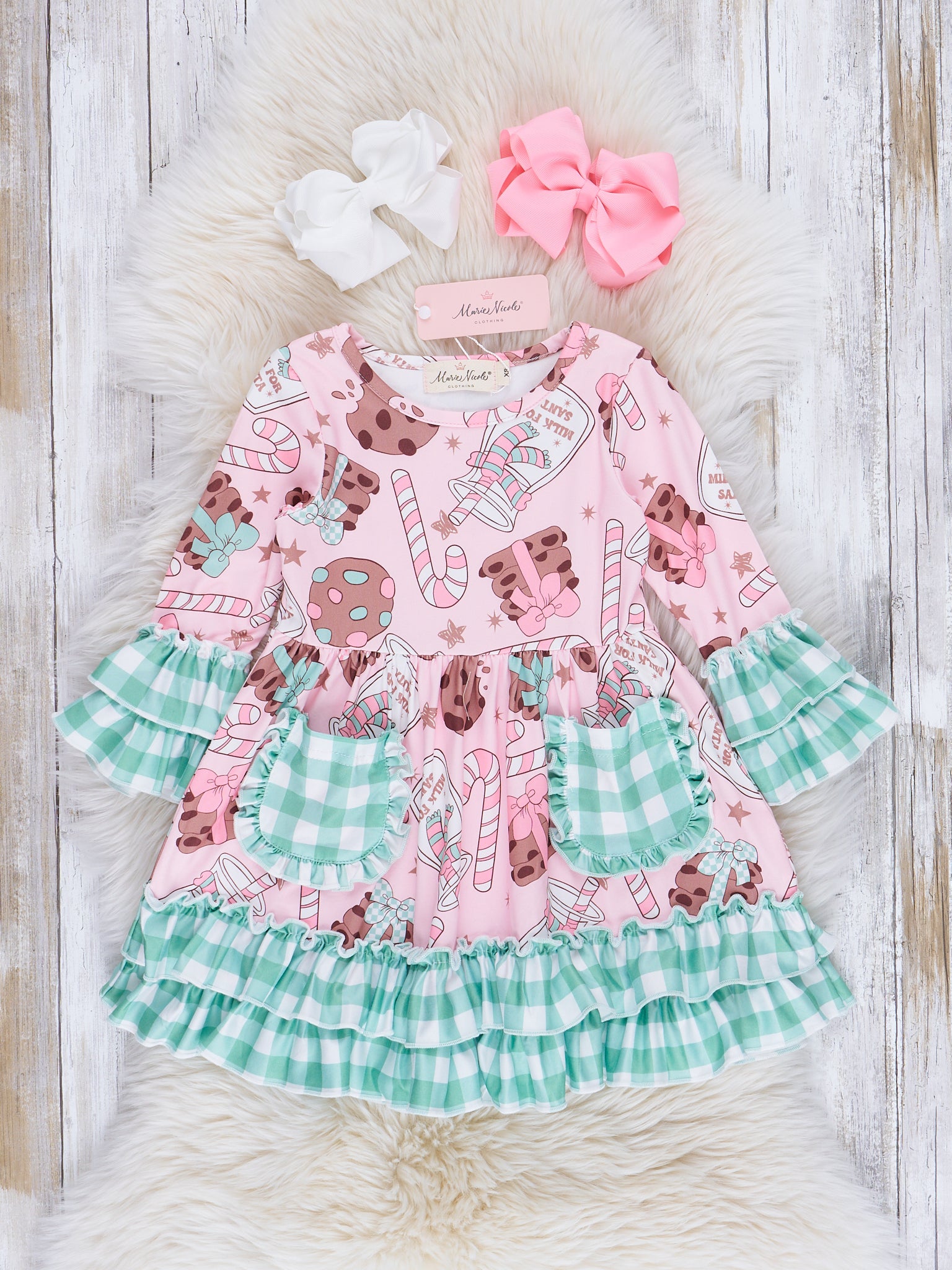 Pink & Mint Gingham Cookies Ruffle Dress Marie Nicole Clothing Pink & Mint Gingham Cookies Ruffle Dress Marie Nicole Clothing