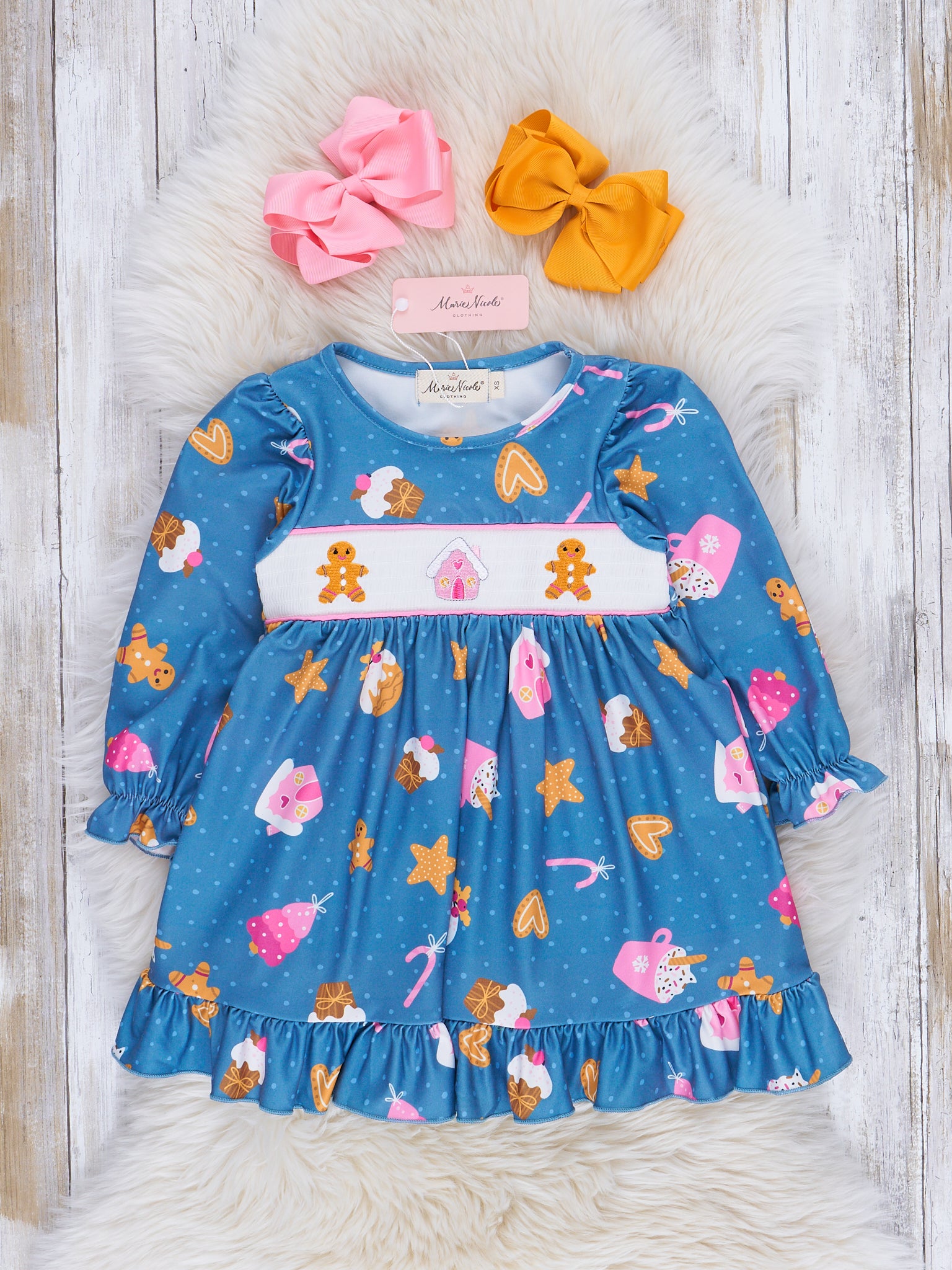 Blue Smocked Gingerbread Ruffle Dress - Marie Nicole Clothing Blue Smocked Gingerbread Ruffle Dress - Marie Nicole Clothing
