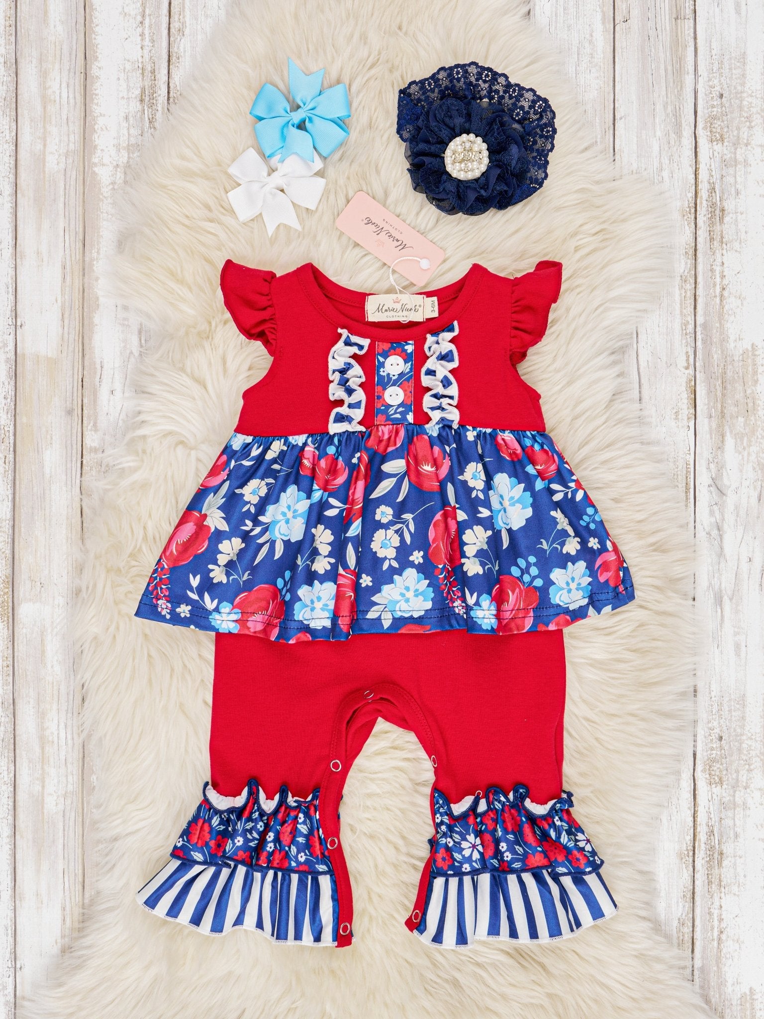 Red White & Blue Rose Ruffle Romper - Marie Nicole Clothing
