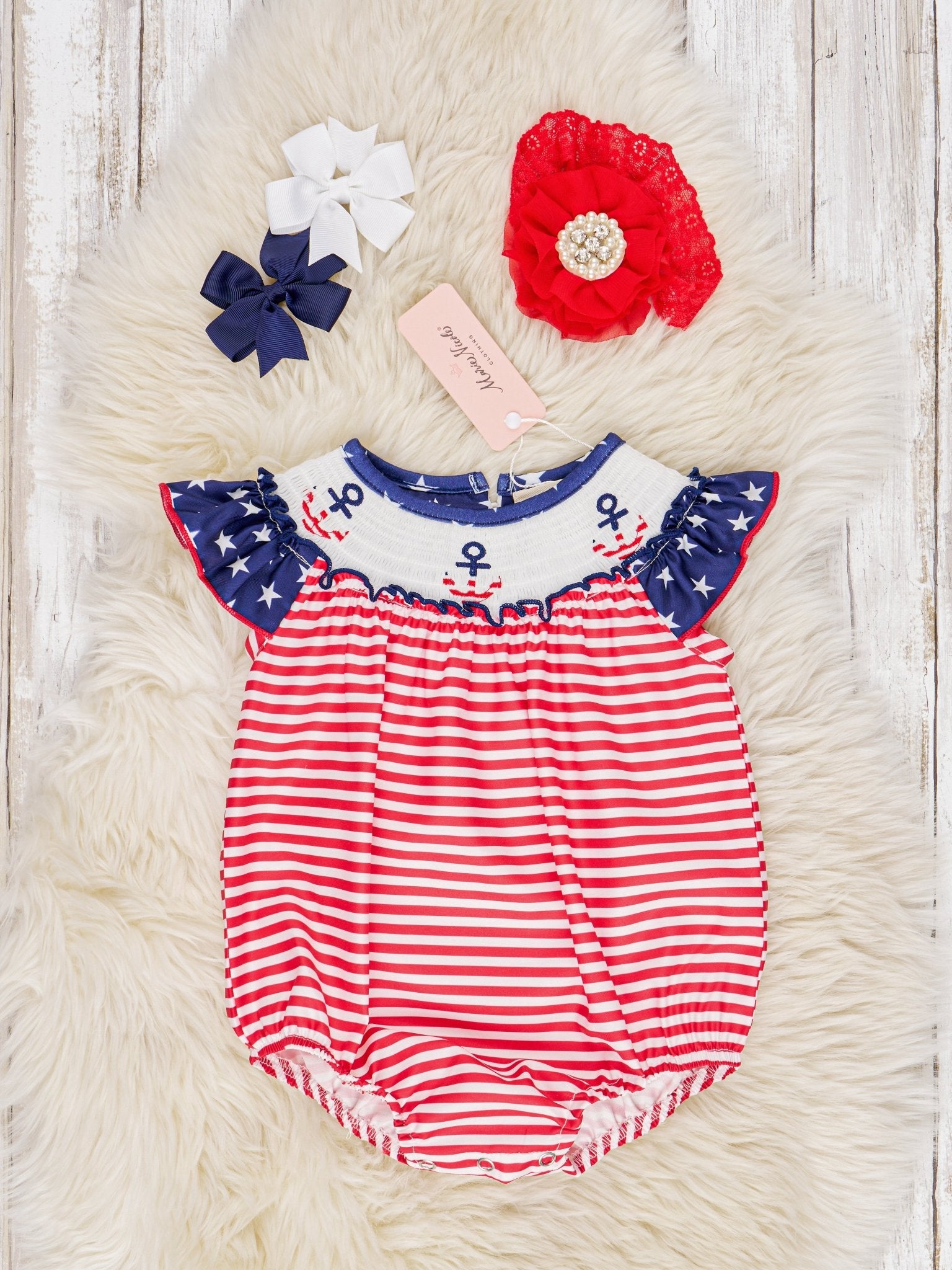 Smocked Patriotic Anchor Ruffle Romper - Marie Nicole Clothing