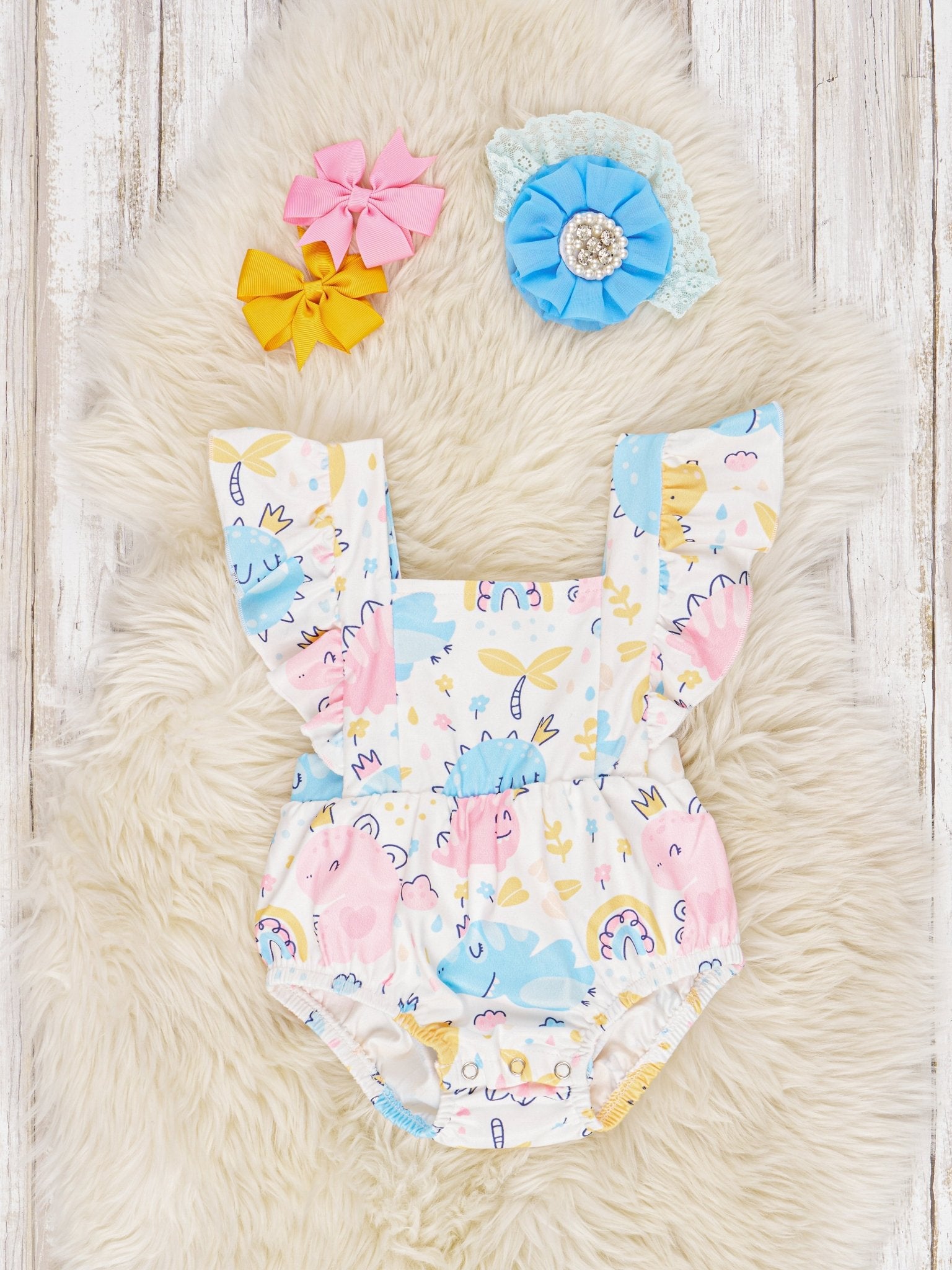 Watercolor Dinosaur Ruffle Bubble Romper - Marie Nicole Clothing