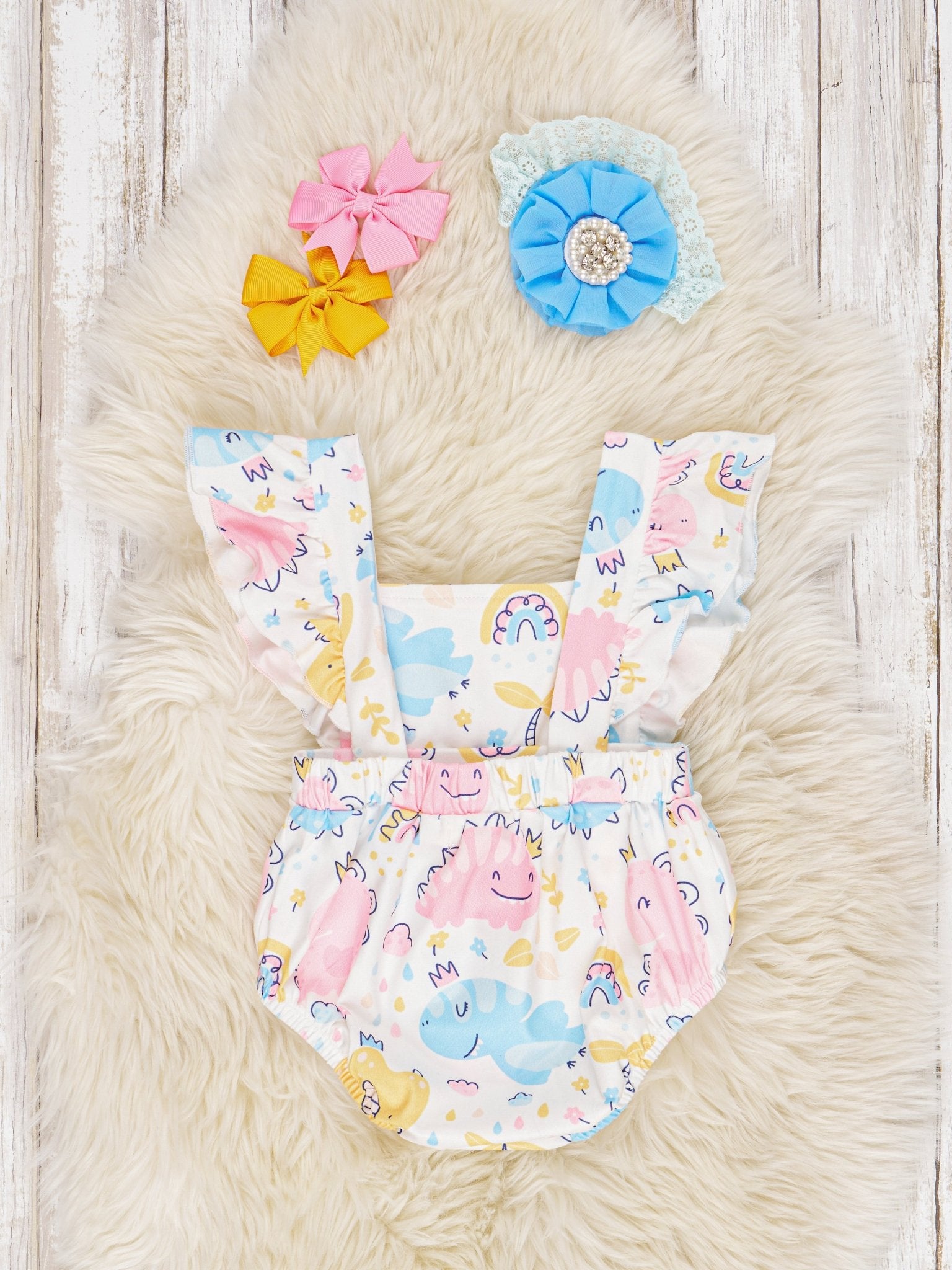 Watercolor Dinosaur Ruffle Bubble Romper - Marie Nicole Clothing