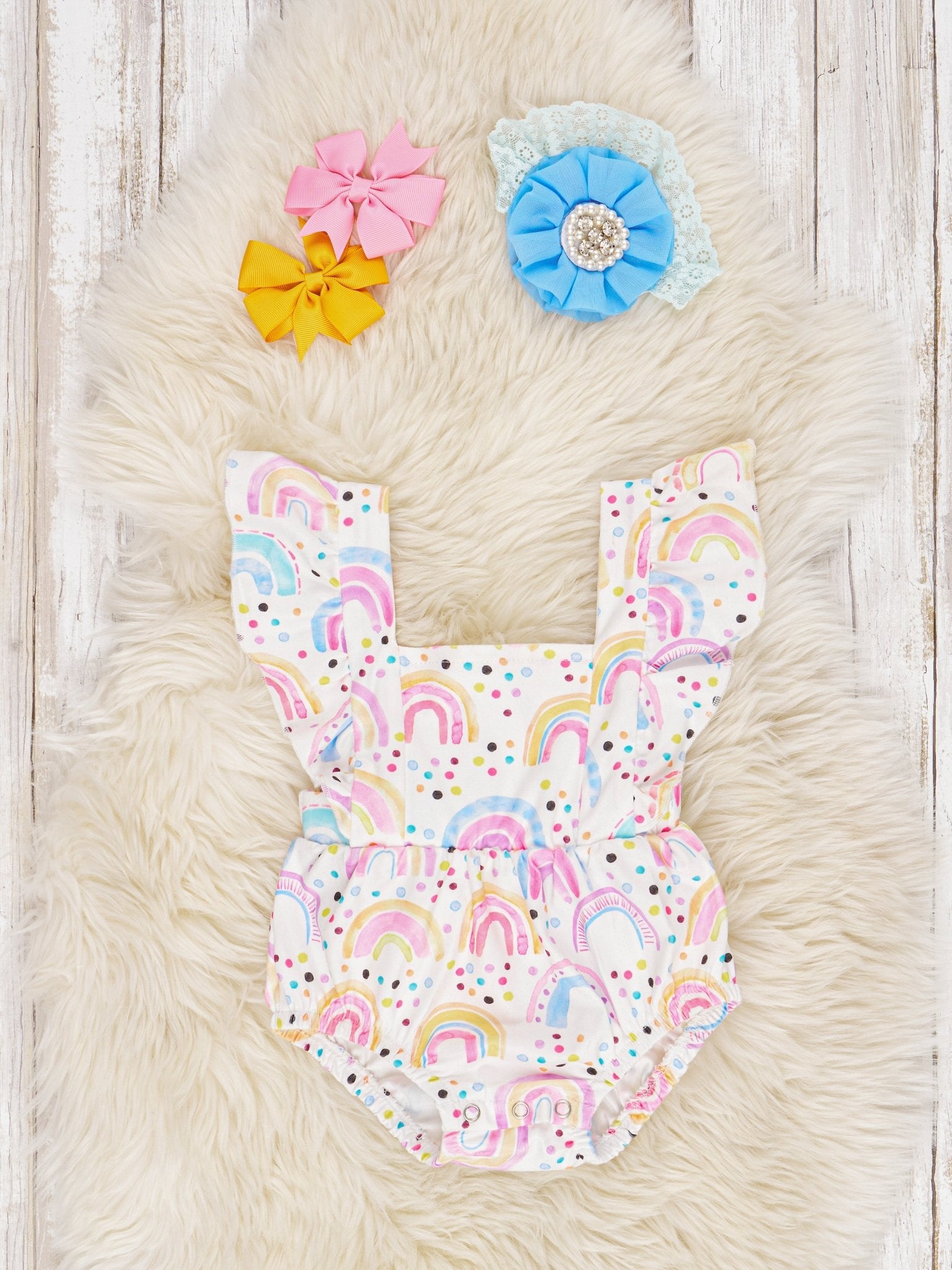 Vibrant Rainbow Ruffle Bubble Romper - Marie Nicole Clothing