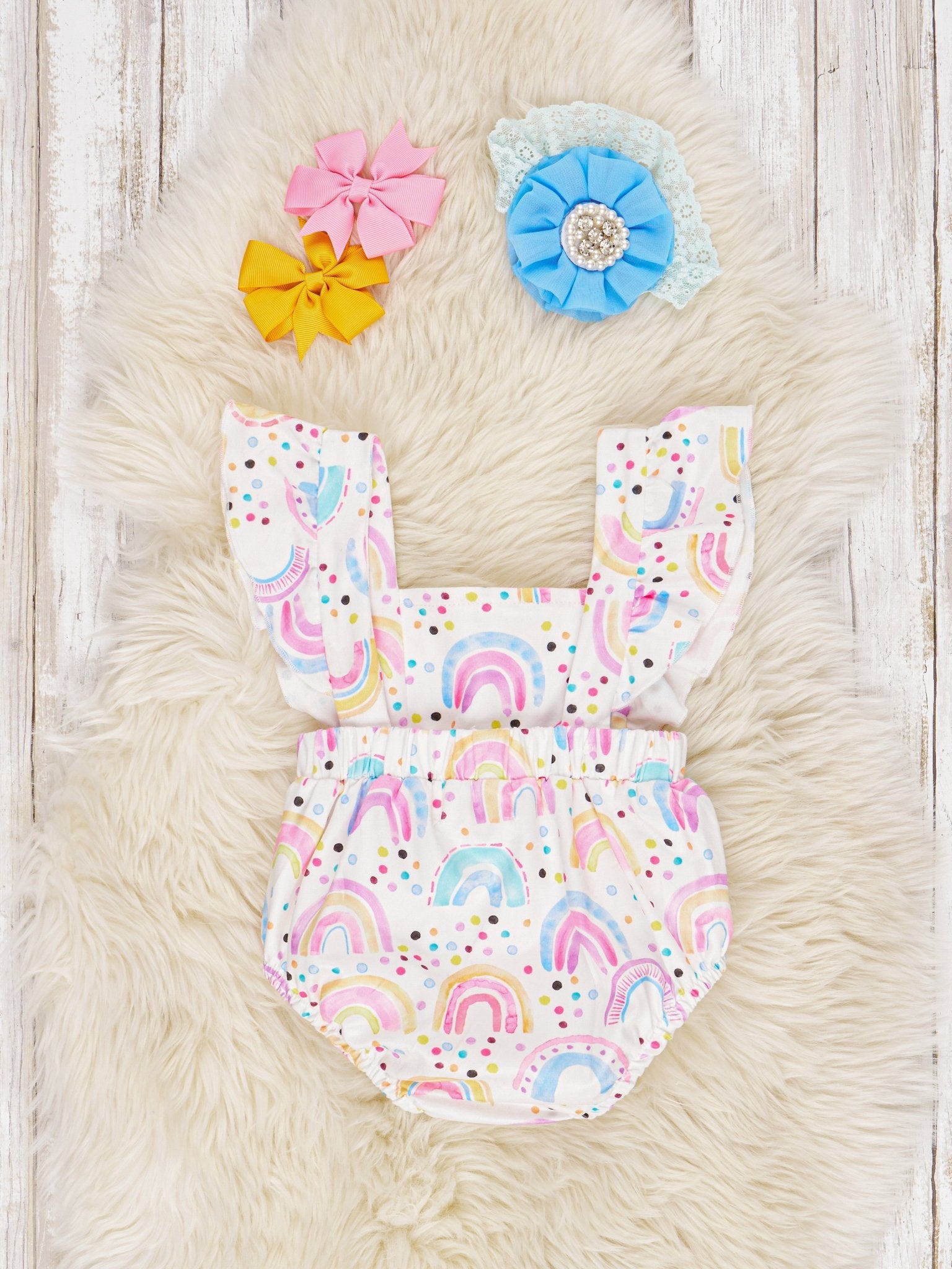 Vibrant Rainbow Ruffle Bubble Romper - Marie Nicole Clothing