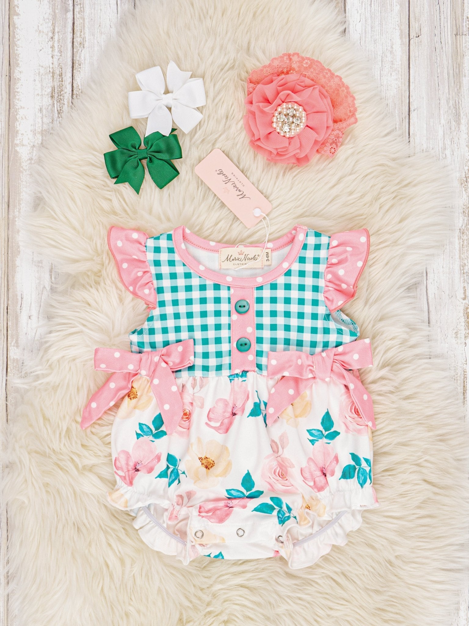 Gingham Floral Flutter Sleeve Bubble Romper - Marie Nicole Clothing