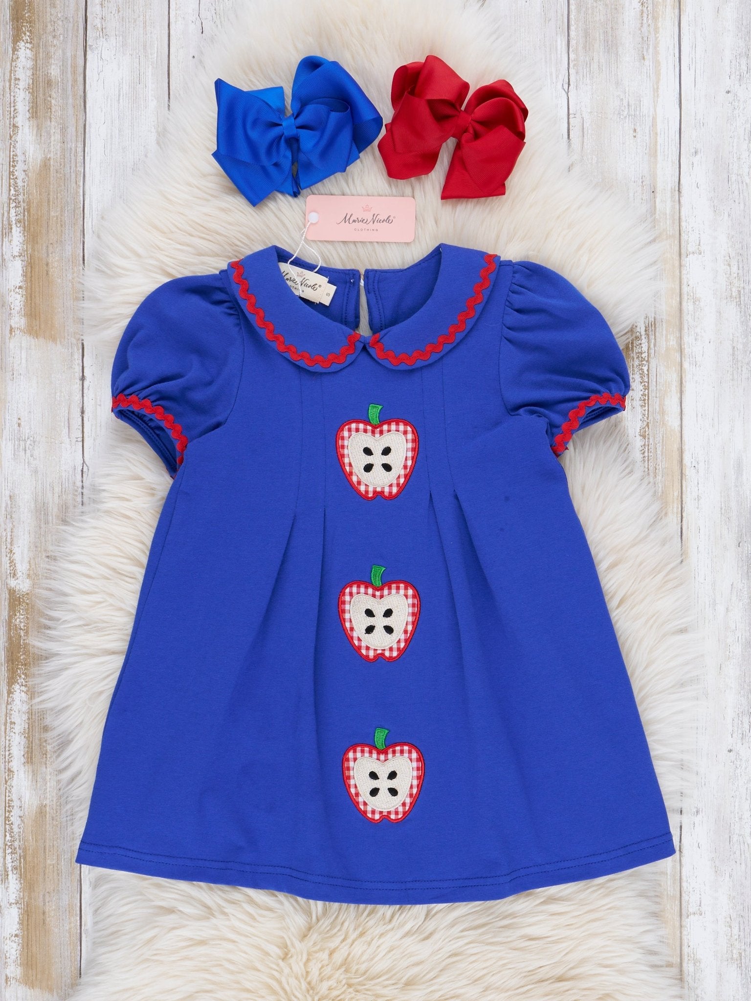 Royal Blue Embroidered Apples Dress - Marie Nicole Clothing