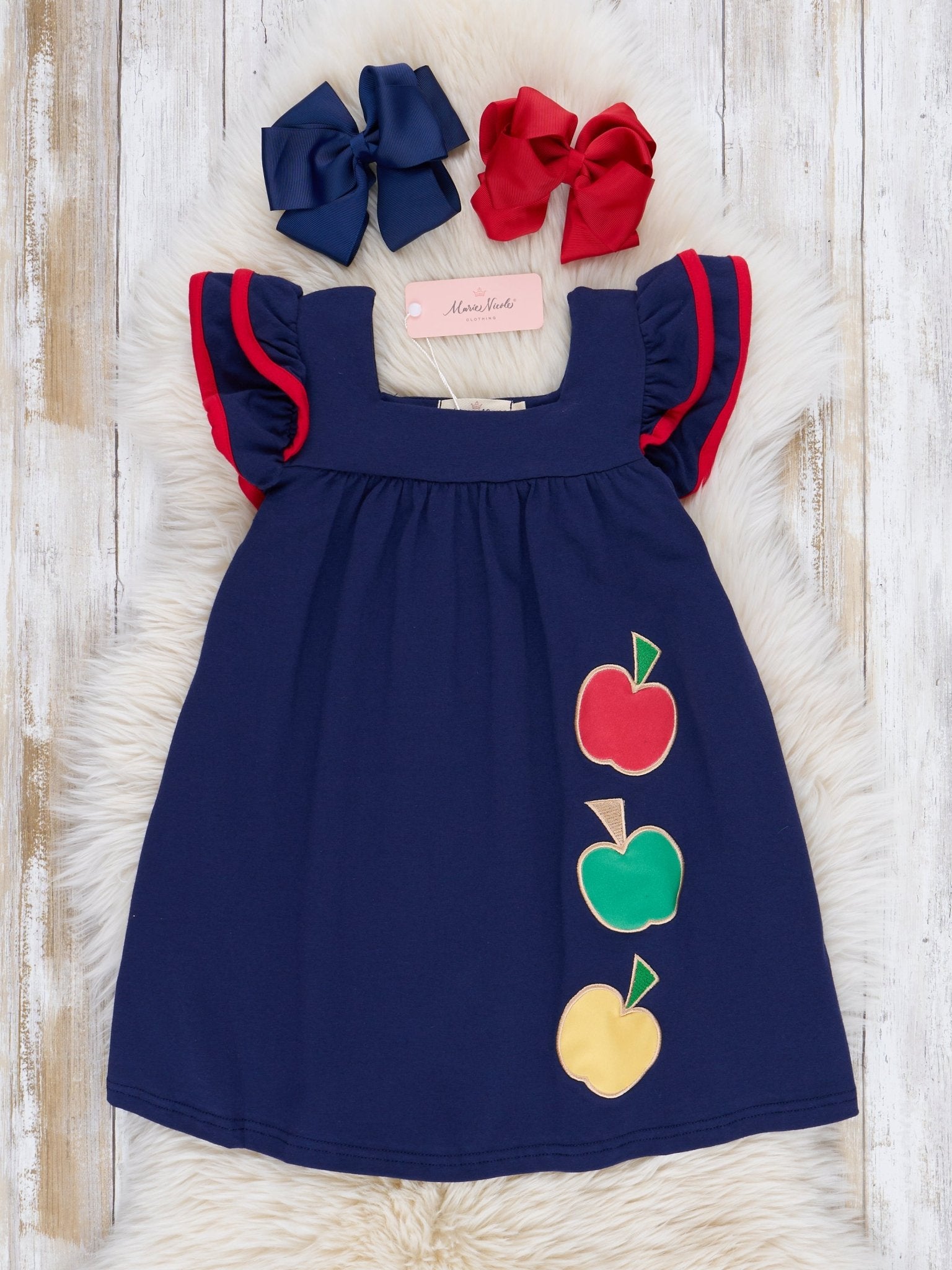 Navy Falling Apples Ruffle Dress - Marie Nicole Clothing