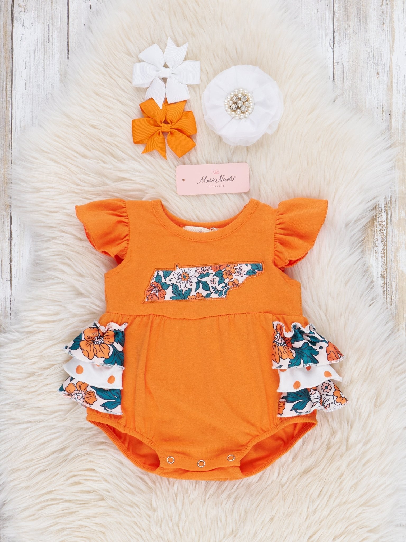 TN Orange Floral Ruffle Bubble Romper - Marie Nicole Clothing