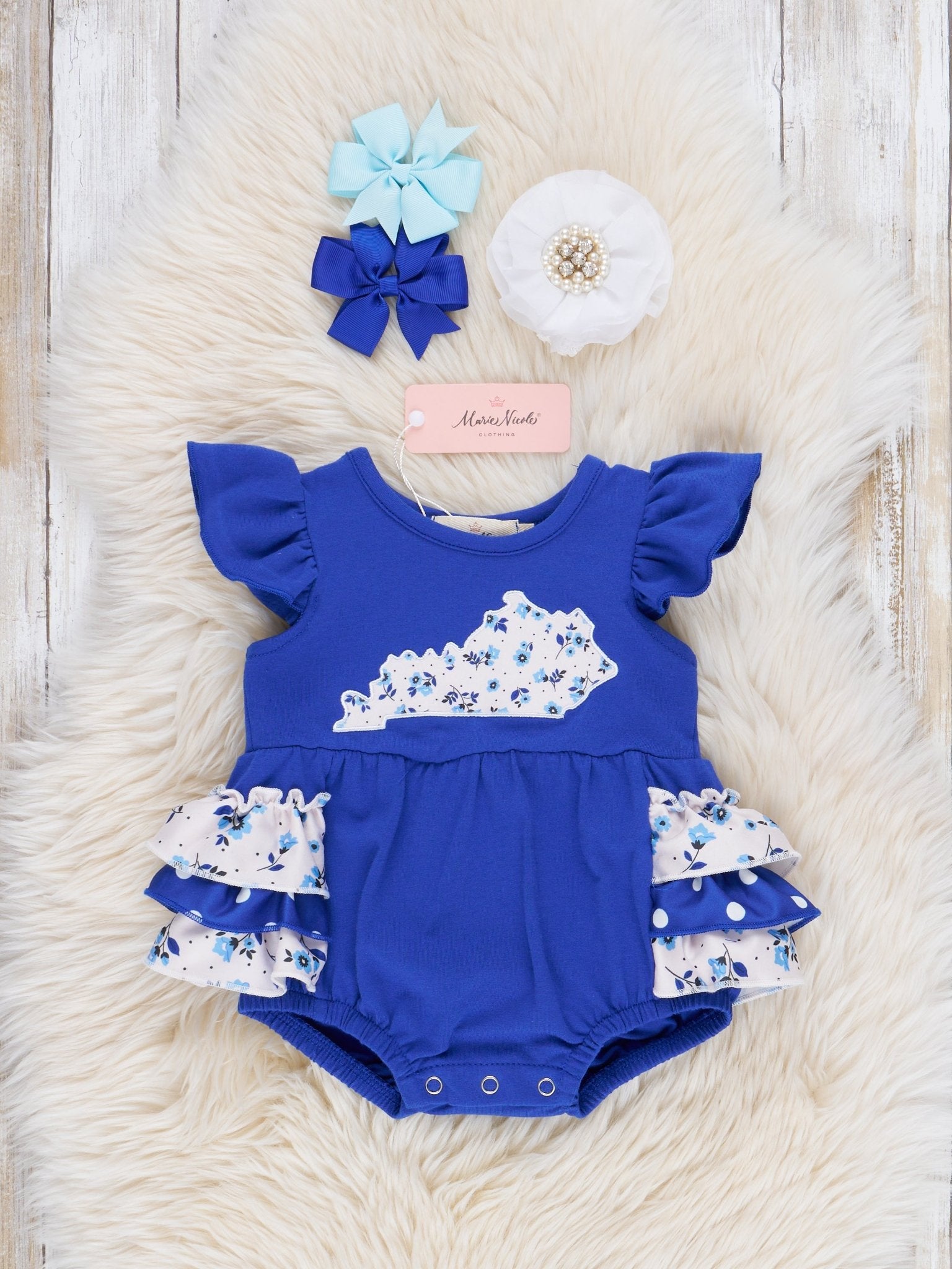 KY Blue Floral Ruffle Bubble Romper - Marie Nicole Clothing