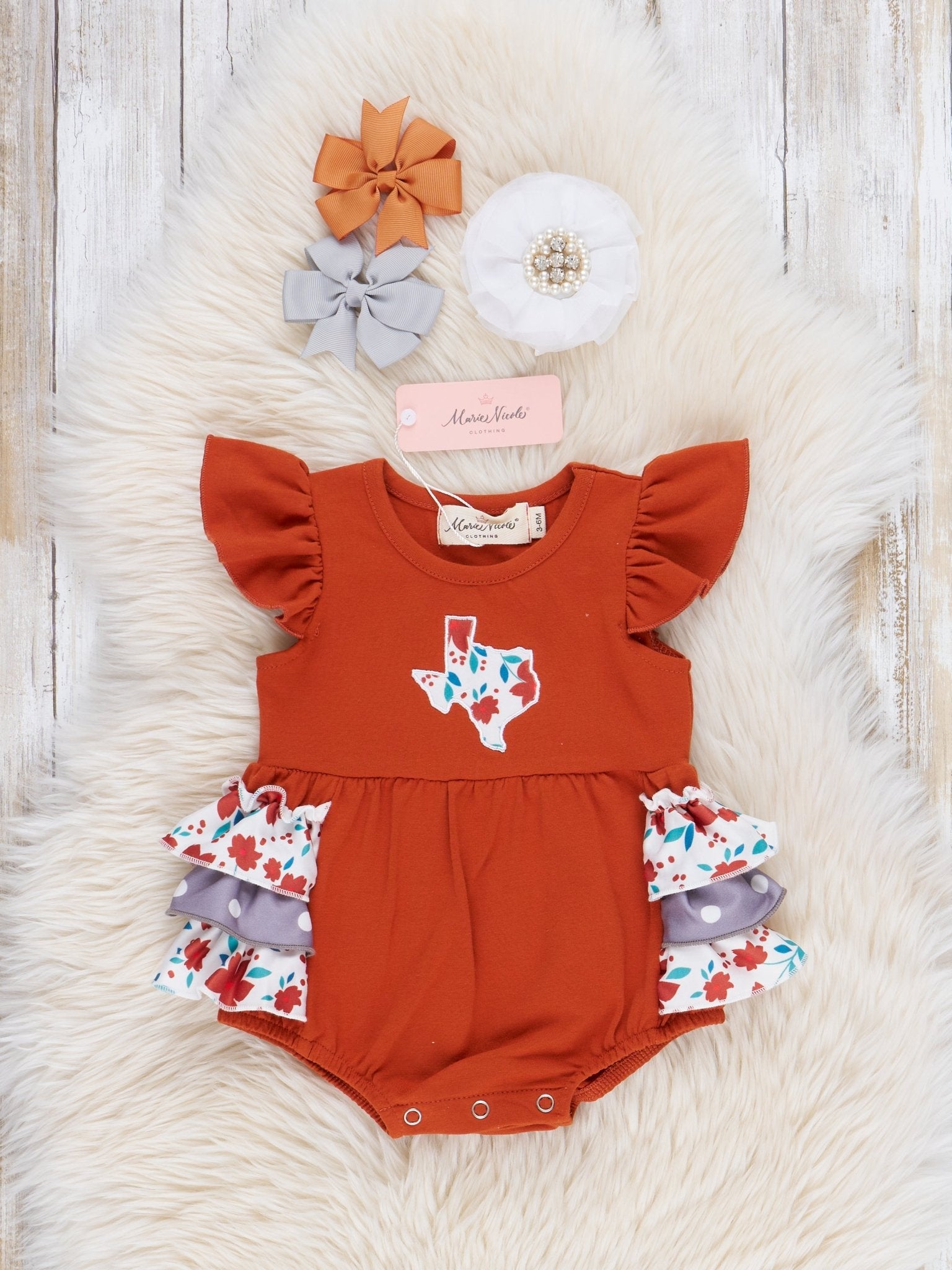 TX Burnt Orange Floral Ruffle Bubble Romper - Marie Nicole Clothing