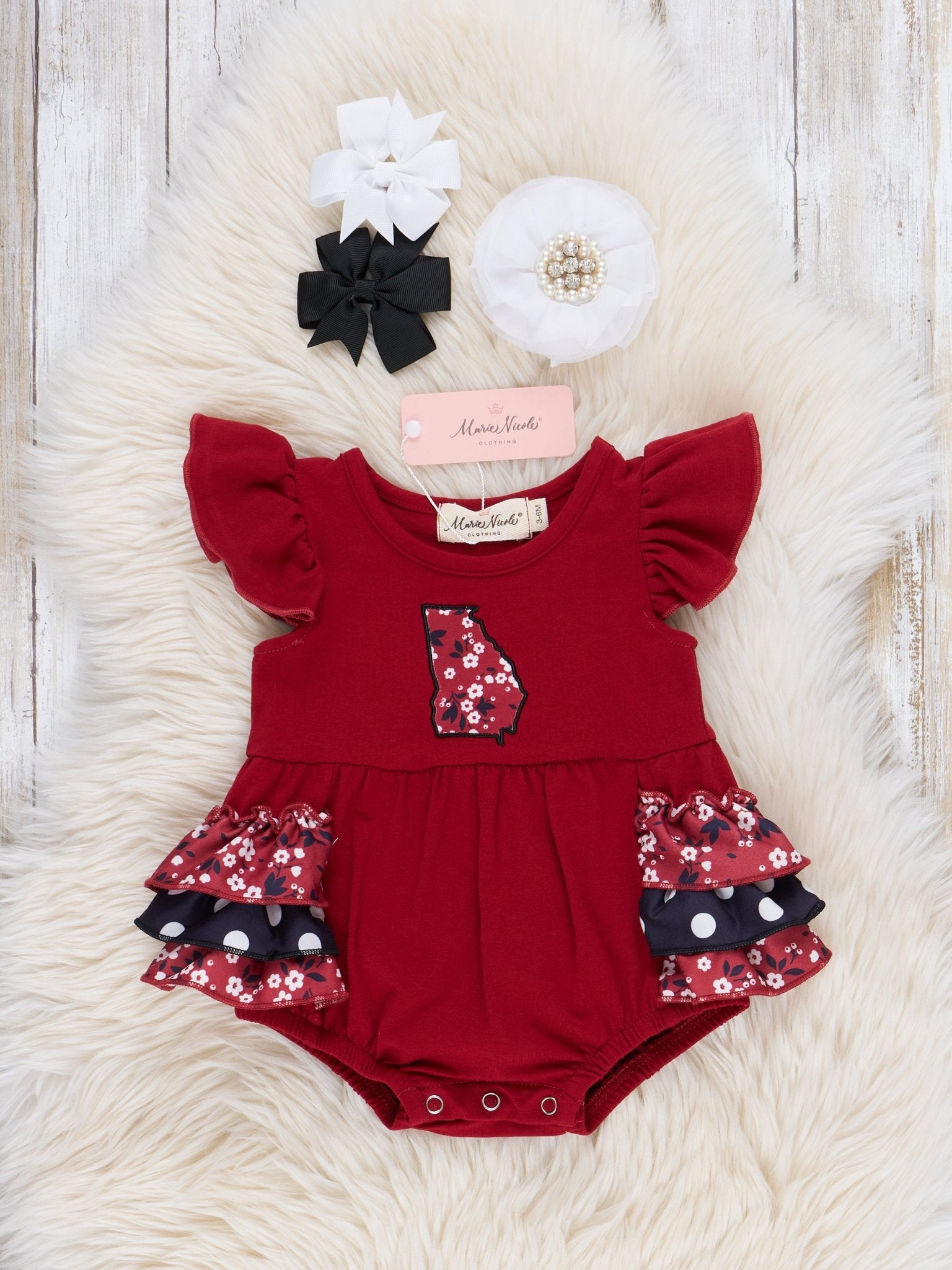 GA Red Floral Ruffle Bubble Romper - Marie Nicole Clothing