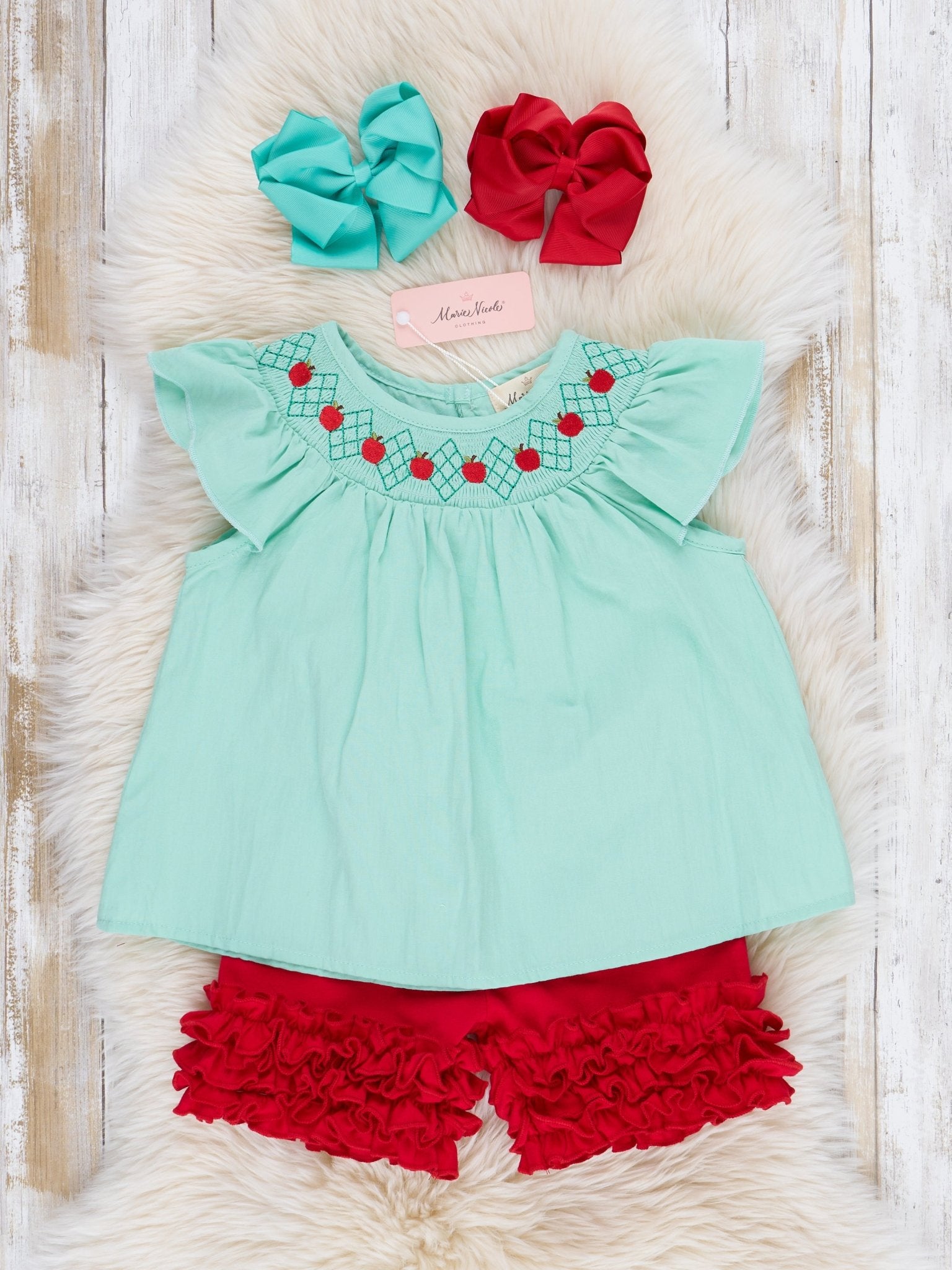 Turquoise Smocked Apples Ruffle Outfit - Marie Nicole Clothing