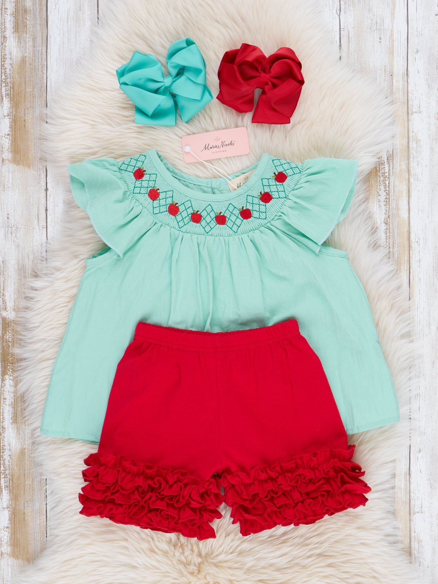 Turquoise Smocked Apples Ruffle Outfit - Marie Nicole Clothing