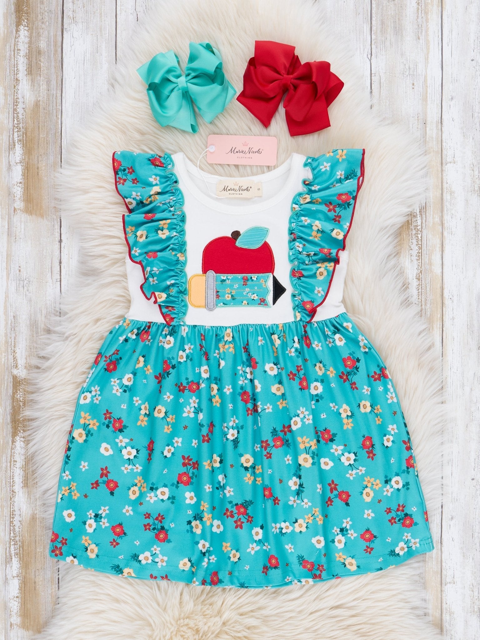 Teal Floral School Time Ruffle Dress - Marie Nicole Clothing