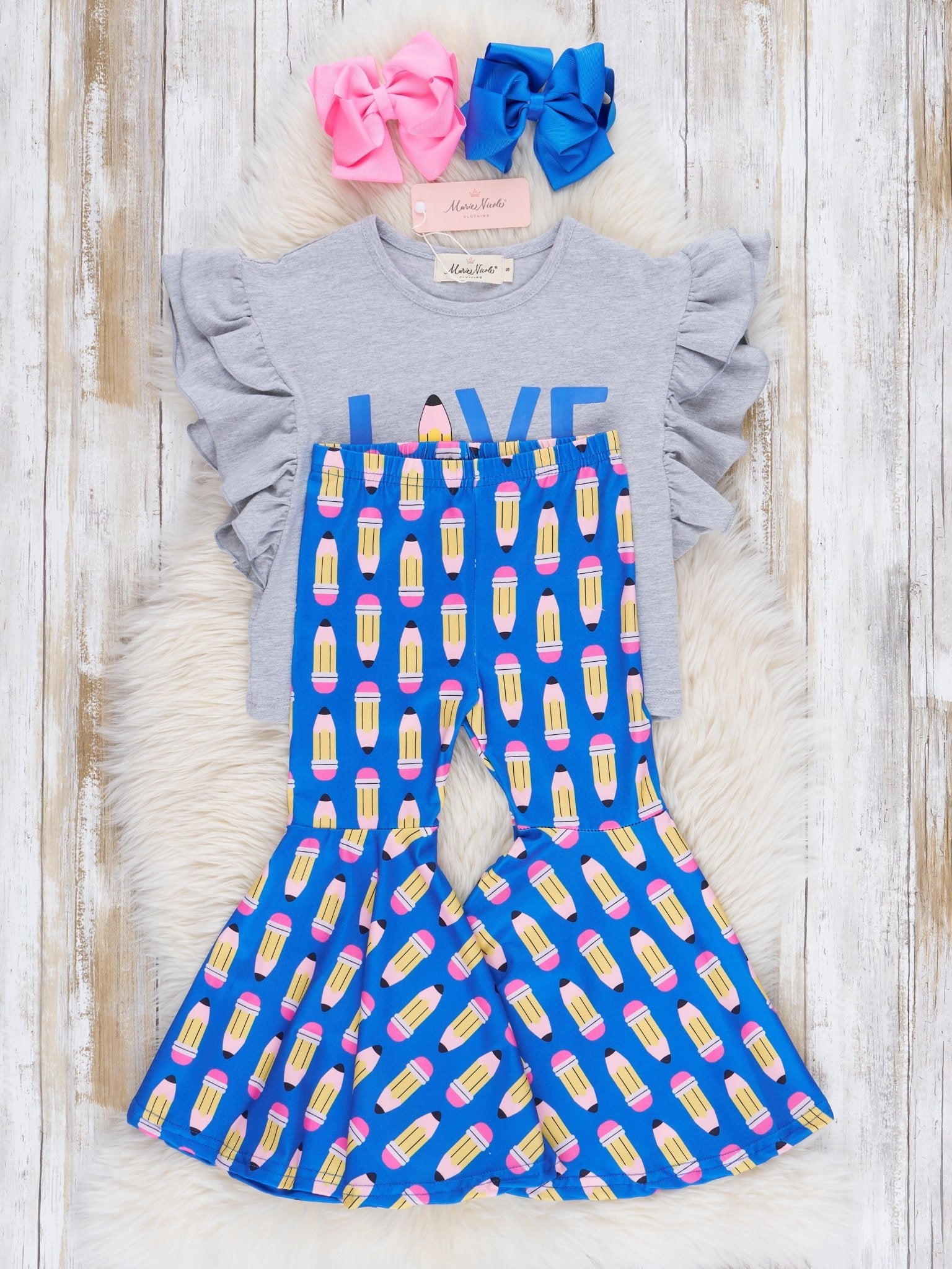 "LOVE" Pencil Ruffle Bell Bottom Outfit - Marie Nicole Clothing