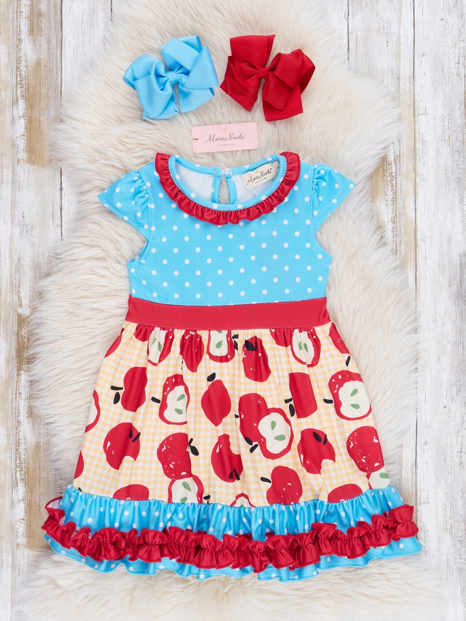 Blue Dots & Red Apples Ruffle Dress - Marie Nicole Clothing