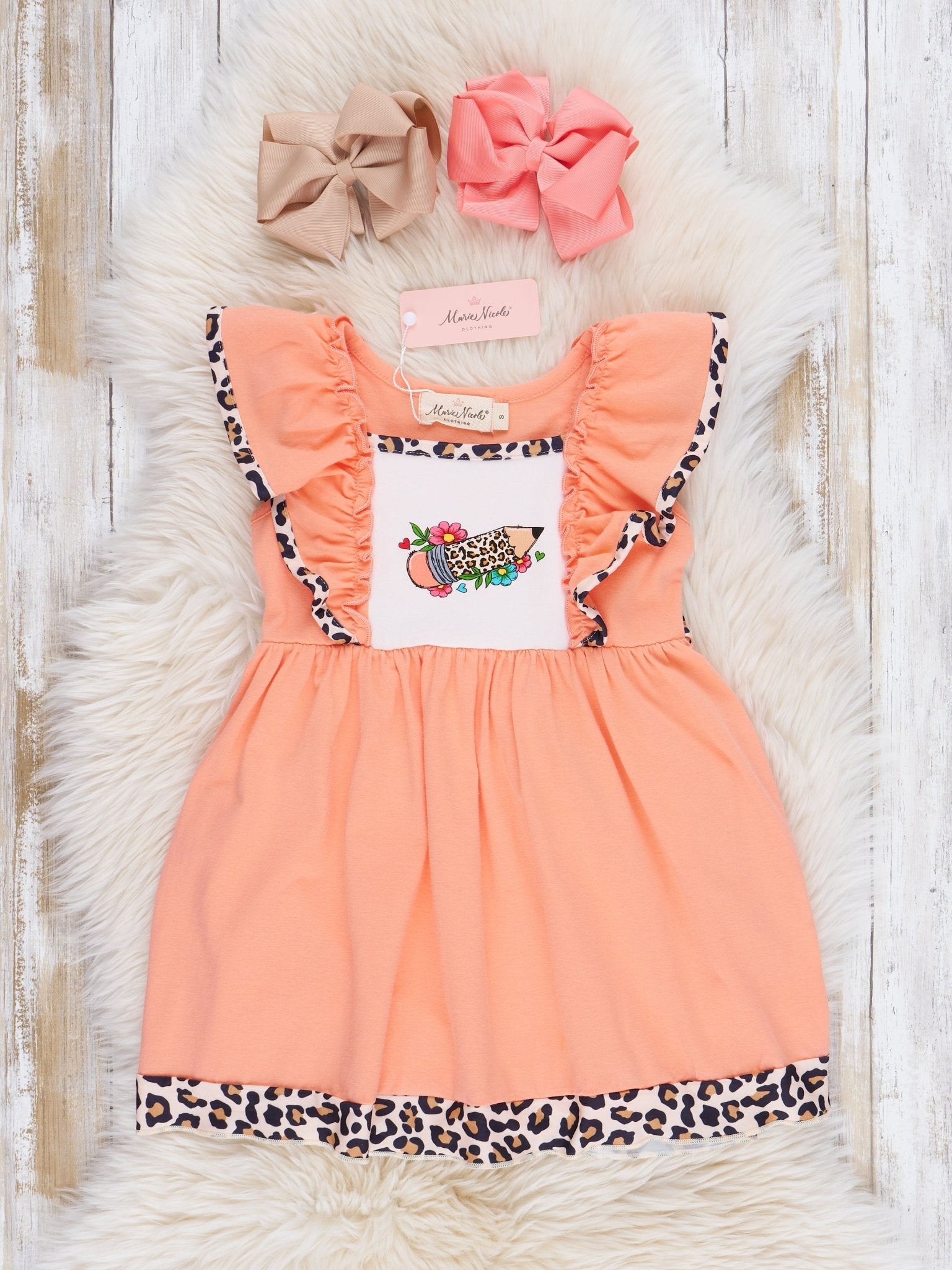 Peach & Leopard Pencil Ruffle Dress - Marie Nicole Clothing