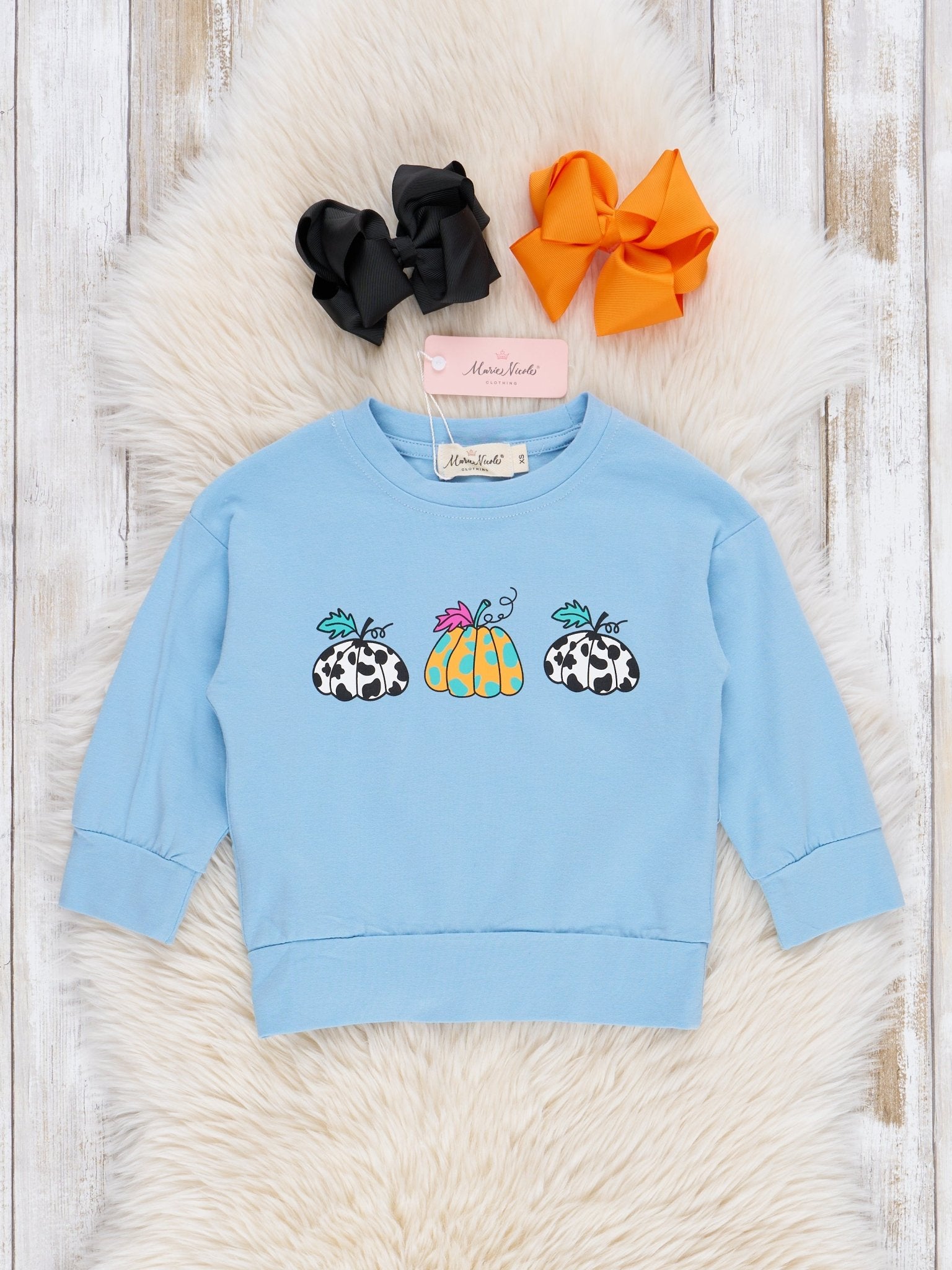 Light Blue Cow Print Pumpkins Shirt - Marie Nicole Clothing