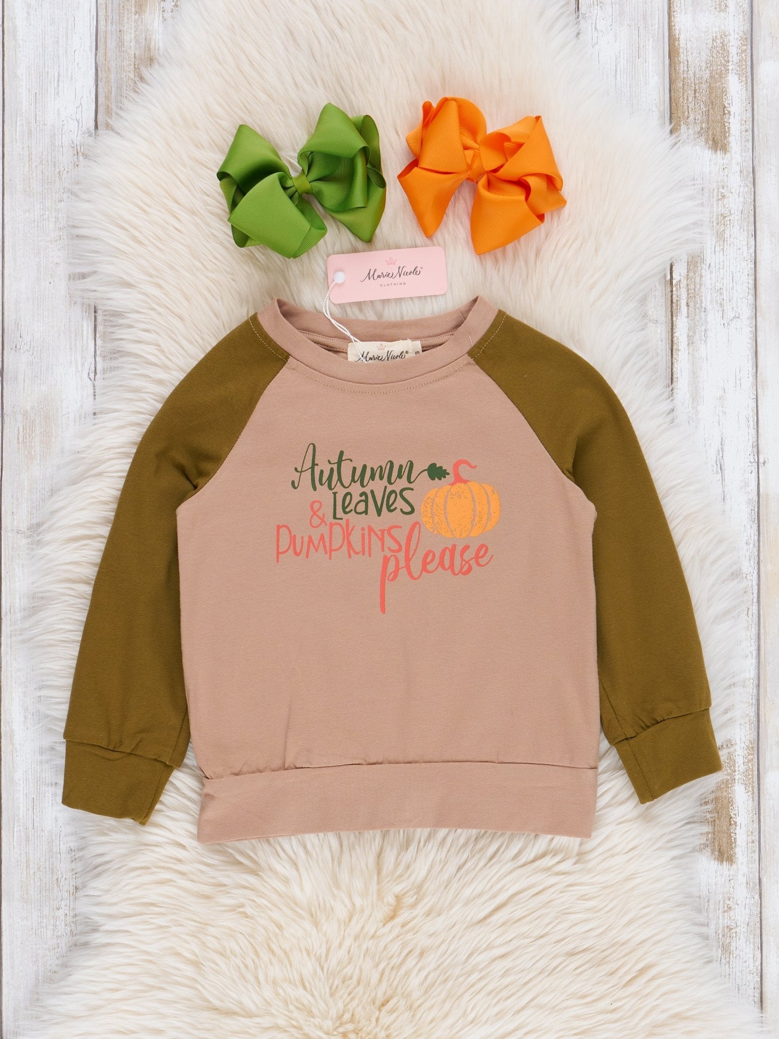 Tan & Green "Pumpkins Please" Raglan Shirt - Marie Nicole Clothing
