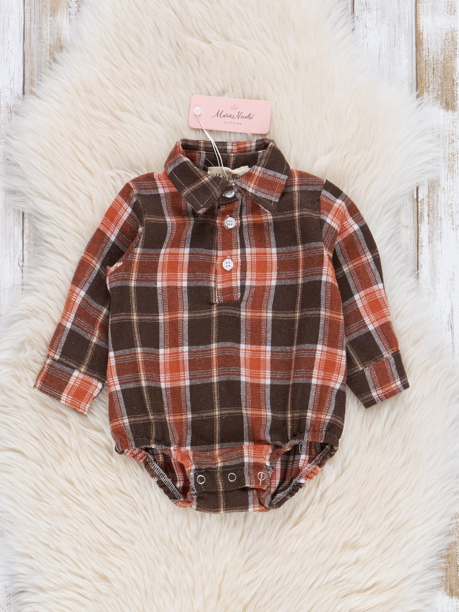 Brown & Orange Flannel Button - Up Bubble Romper - Marie Nicole Clothing