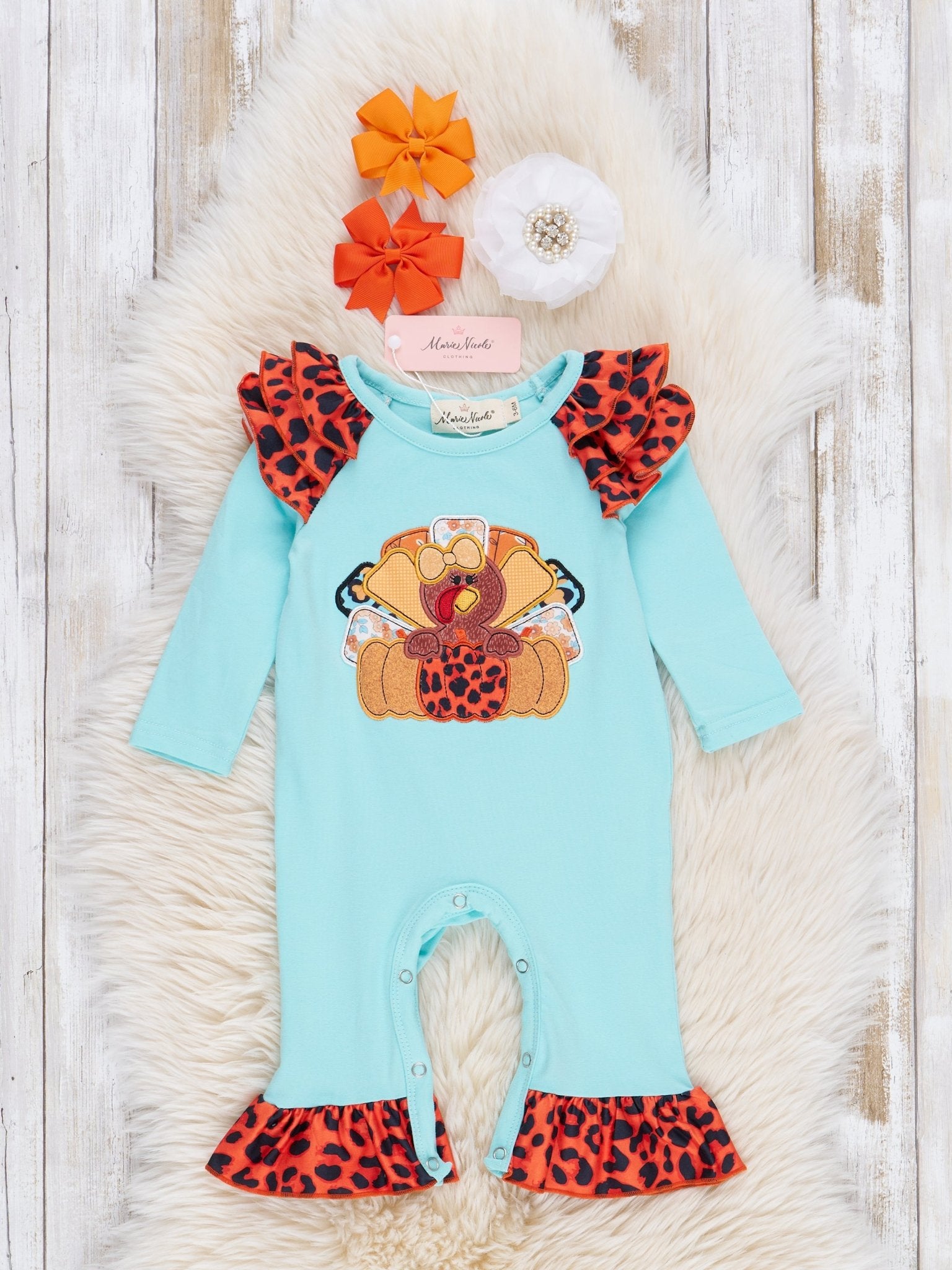 Aqua & Leopard Embroidered Turkey Ruffle Romper - Marie Nicole Clothing