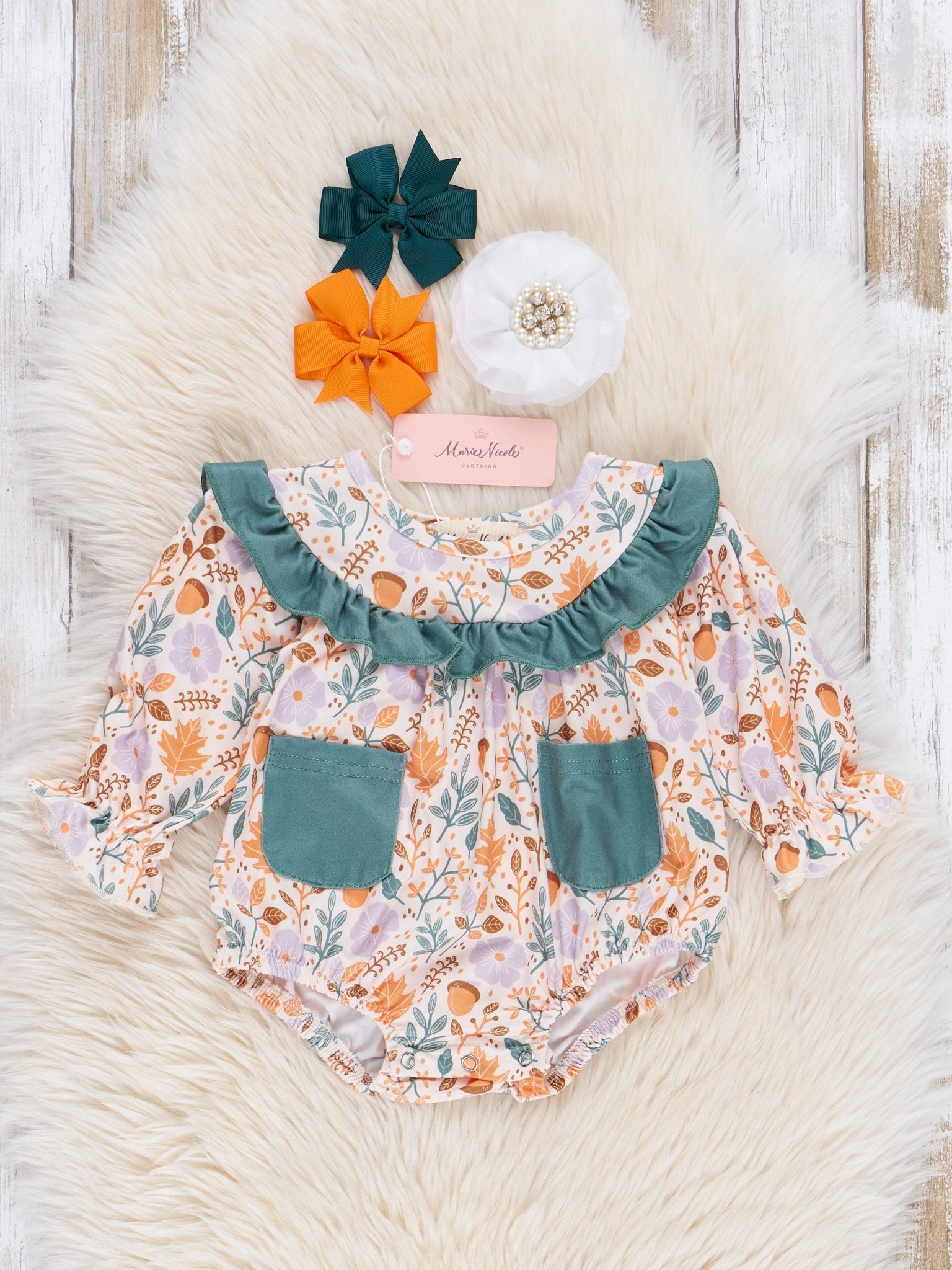 Sage Green Dainty Autumn Blooms Ruffle Romper - Marie Nicole Clothing