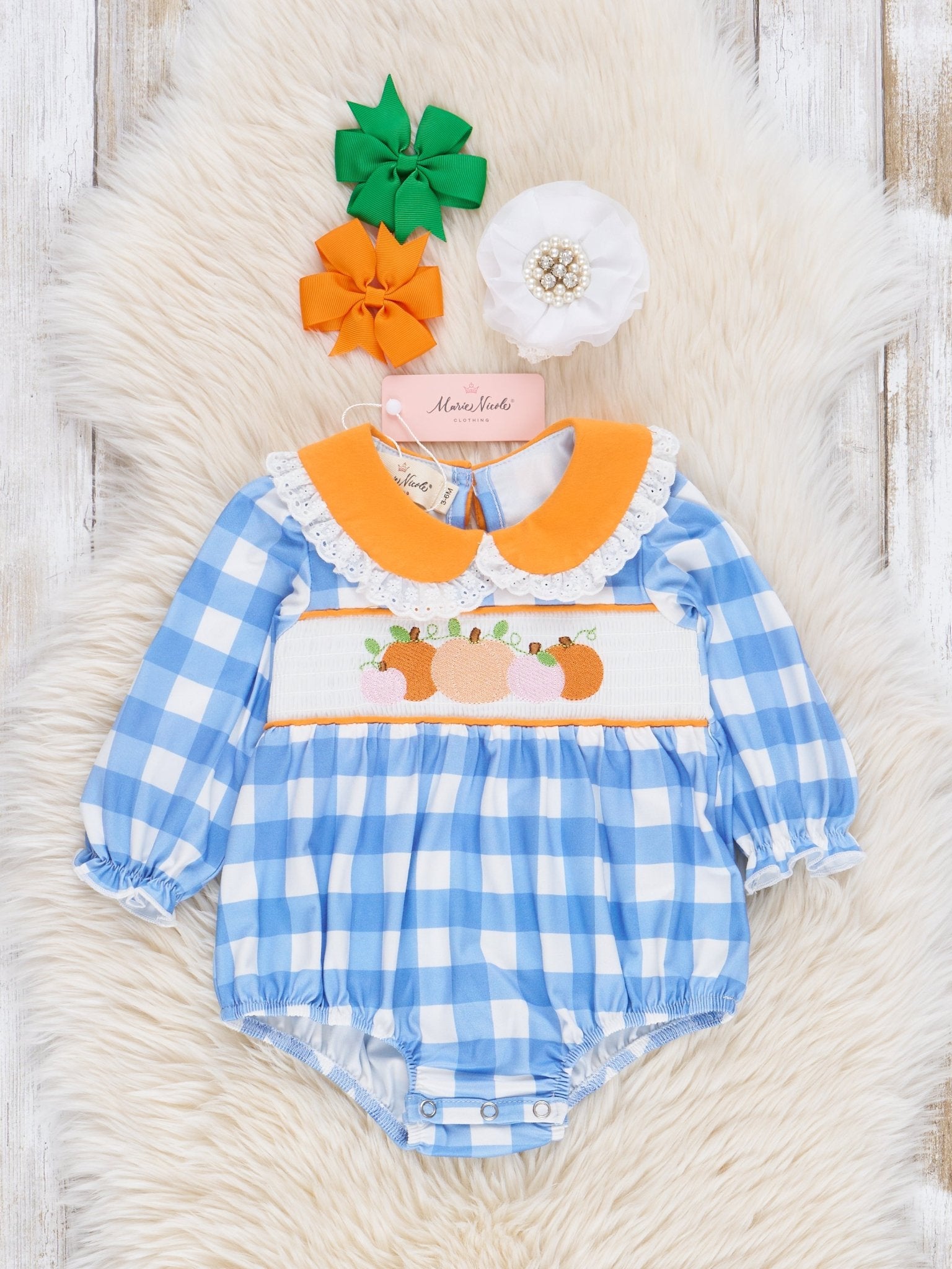 Blue Plaid & Pumpkin Smocked Bubble Romper - Marie Nicole Clothing
